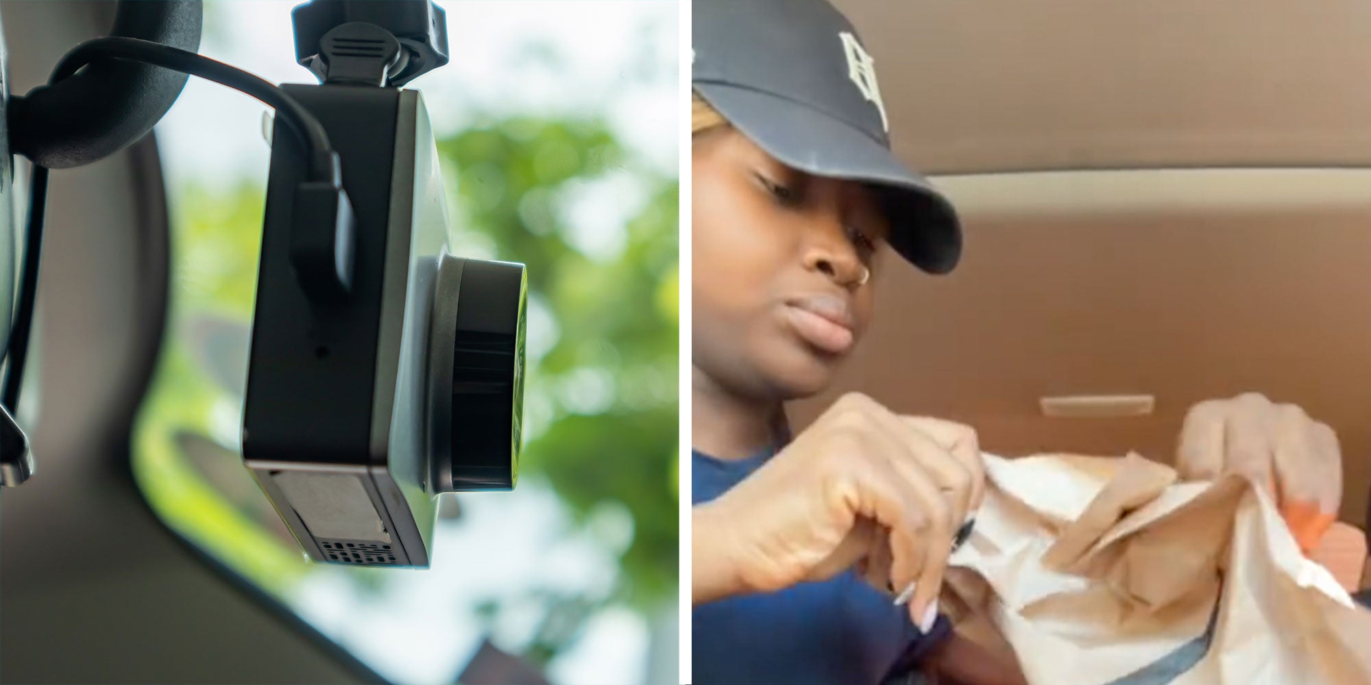 Two panel design with a dash camera on the left, camera is in focus with the car behind it blurred. The 2nd image features the woman from the tiktok video. She is opening up an amazon package in her car