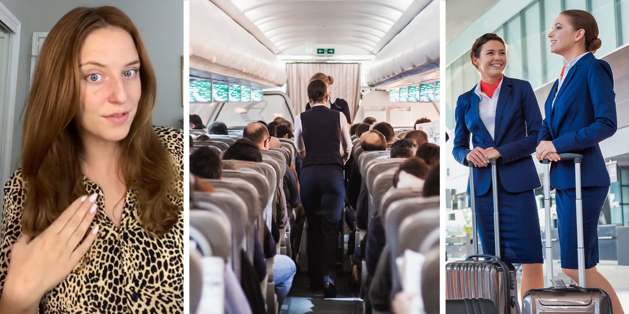 Flight attendant(l) Airplane isle(c) Flight attendants(r)