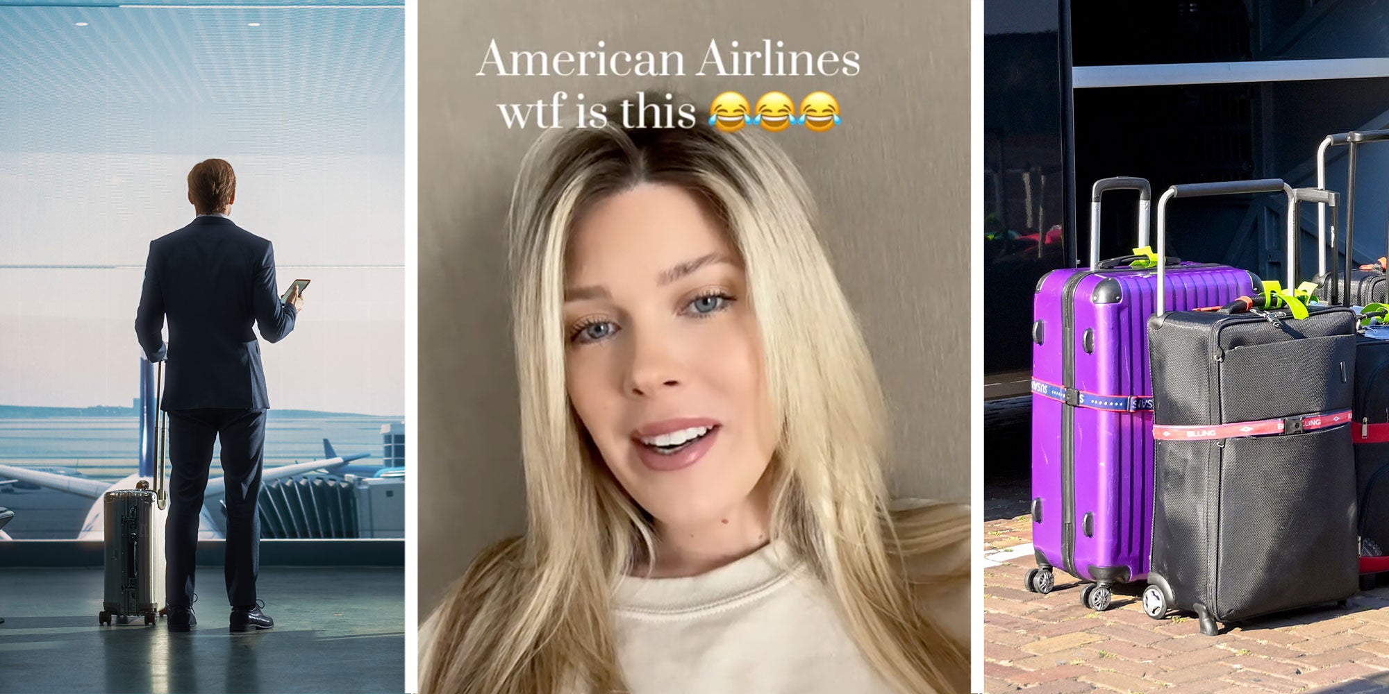 Three panel design with panel one showing a man in a suit standing with a suitcase in what appears to be a plane terminal, the middle image shows a woman from the TikTok video with the caption 'American Airlines WTF is this cry emoji cry emoji cry emoji'. The final panel is a collections of suitcases in front on a bus