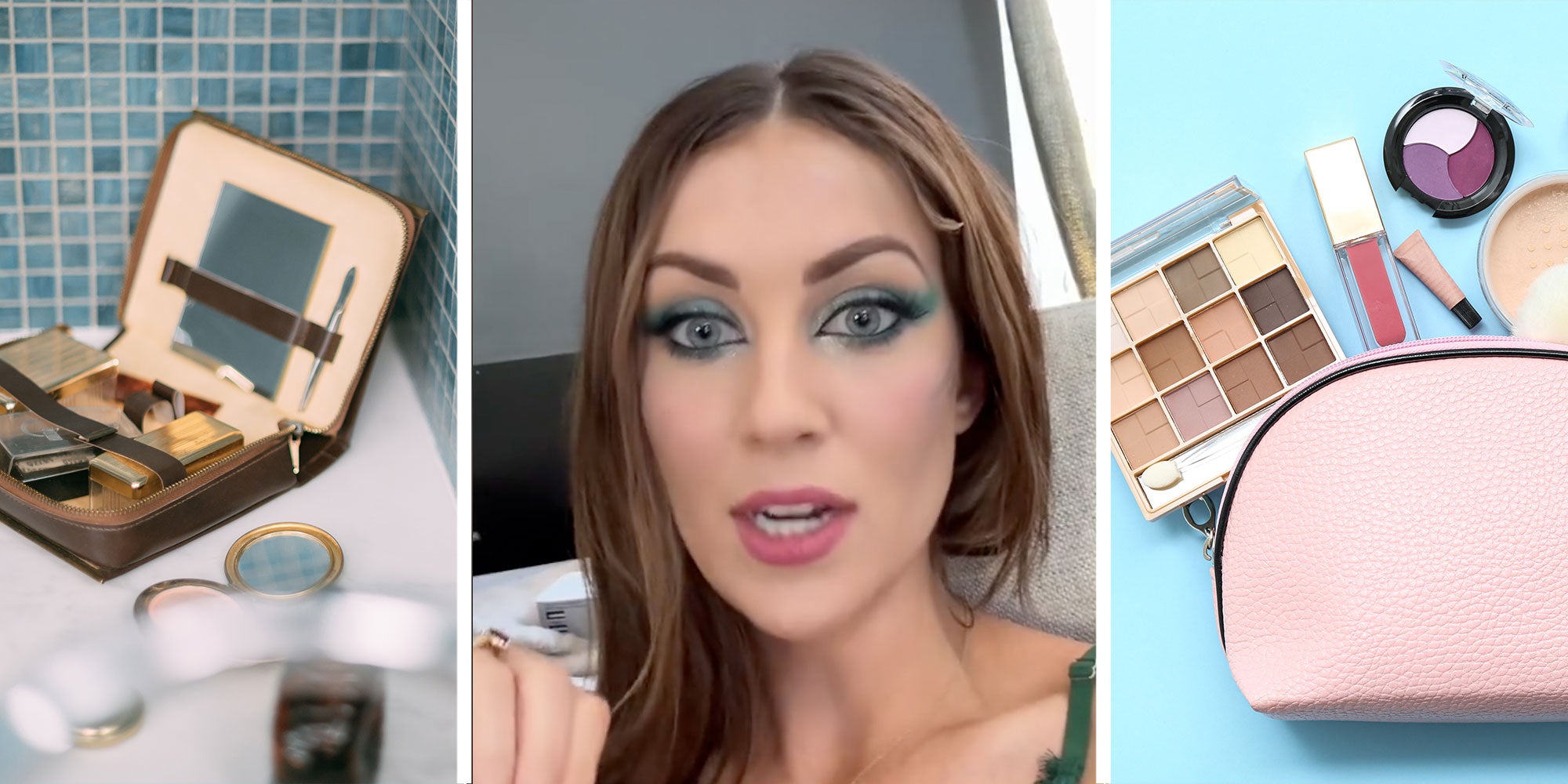 Three Panel Image with image one showing a chic makeup mag on a counter top in a bathroom. The middle image features the woman from the TikTok, she has green make up on and is talking in the frame. The final image is a mag of makeup shot from overhead on a clean background.