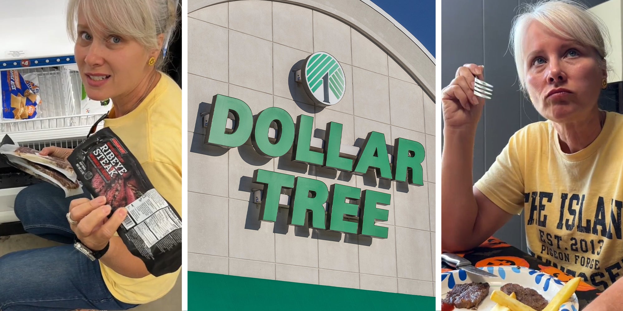 Woman holding Ribeye steak from Dollar Tree(l) Dollar Tree Sign(c) Woman eating cooked ribeye steak