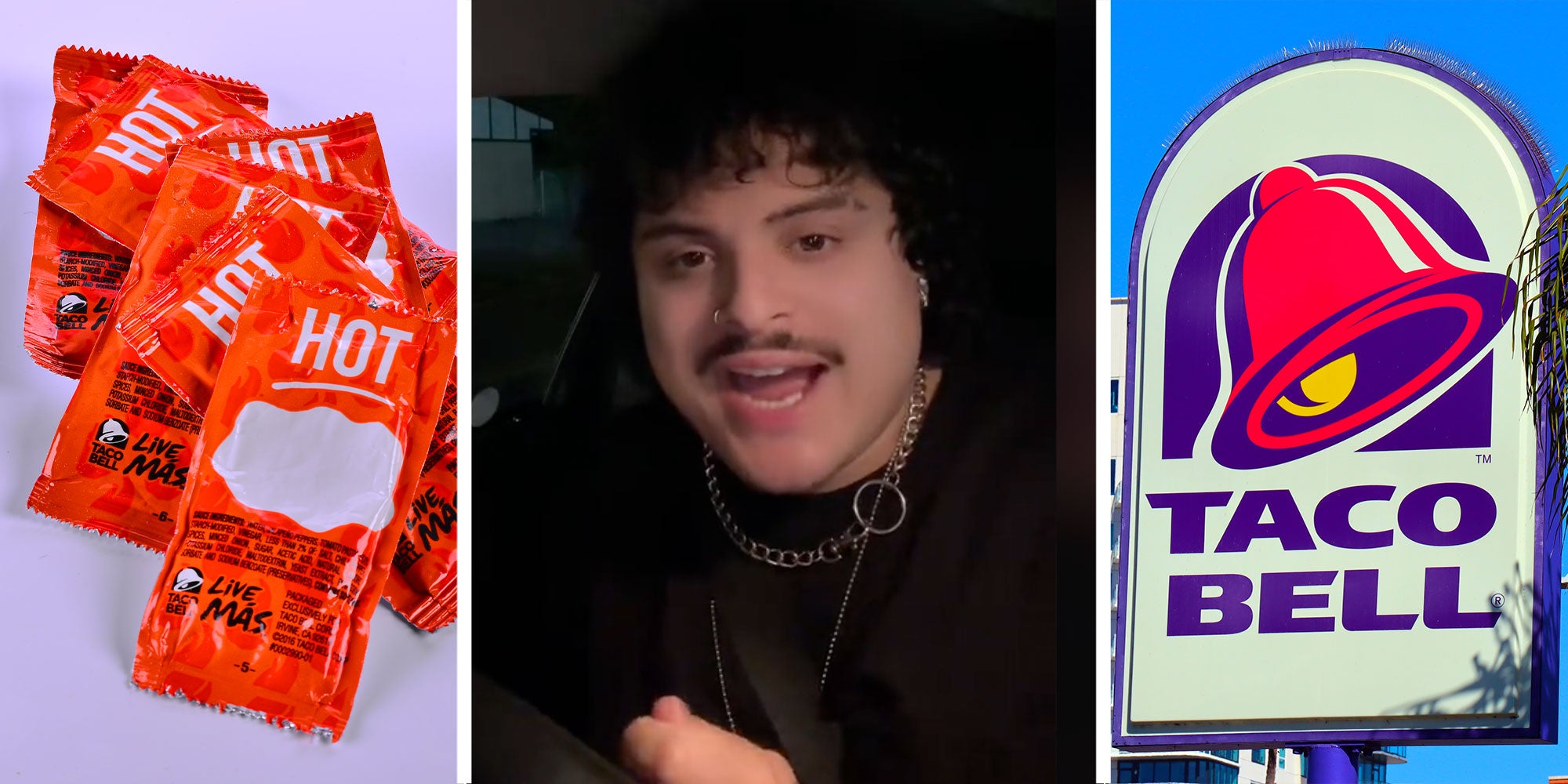 Three panel image depicting hot sauce packets from Taco Bell in a pile. The 2nd panel shows a man with a mustache and curly hair, he is talking to the camera in his car. The final panel shows the TacoBell Sign from outside.