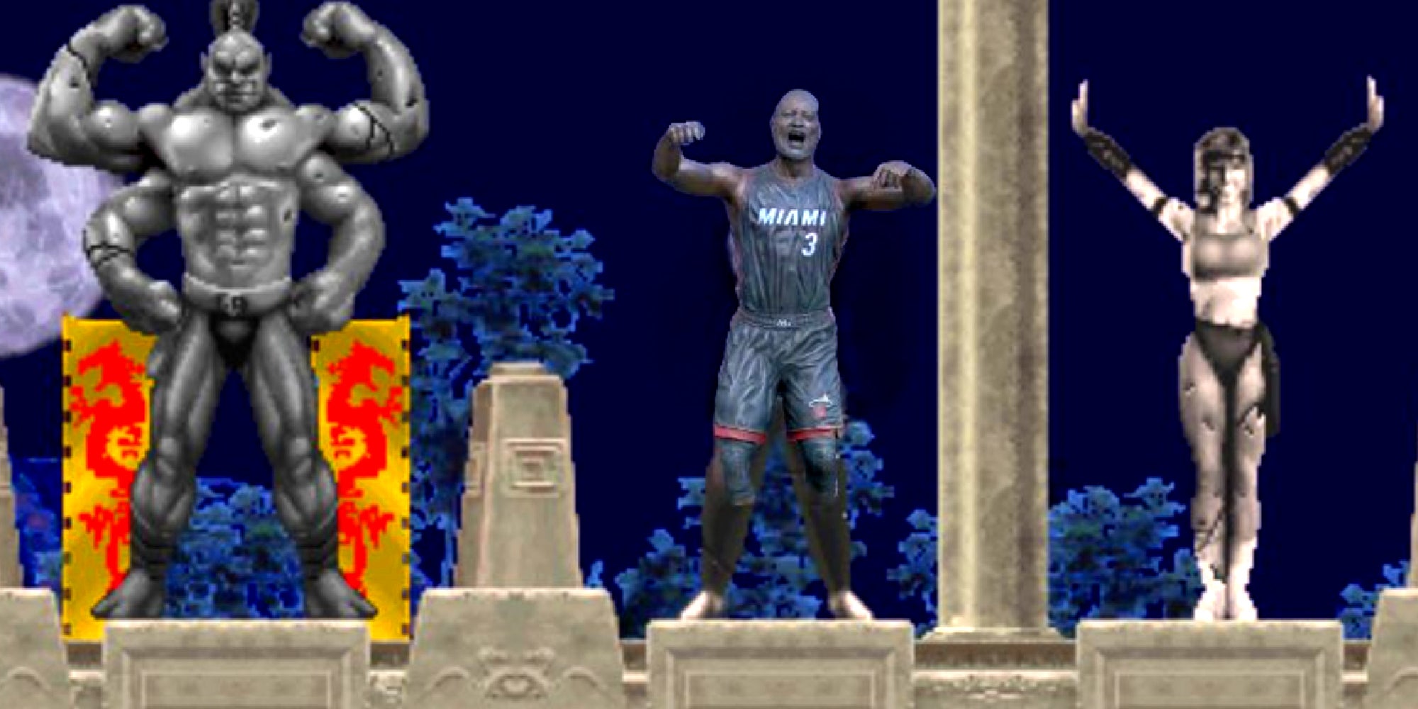 The statue of Dwayne Wade is photoshopped into the Mortal Kombat video game background.
