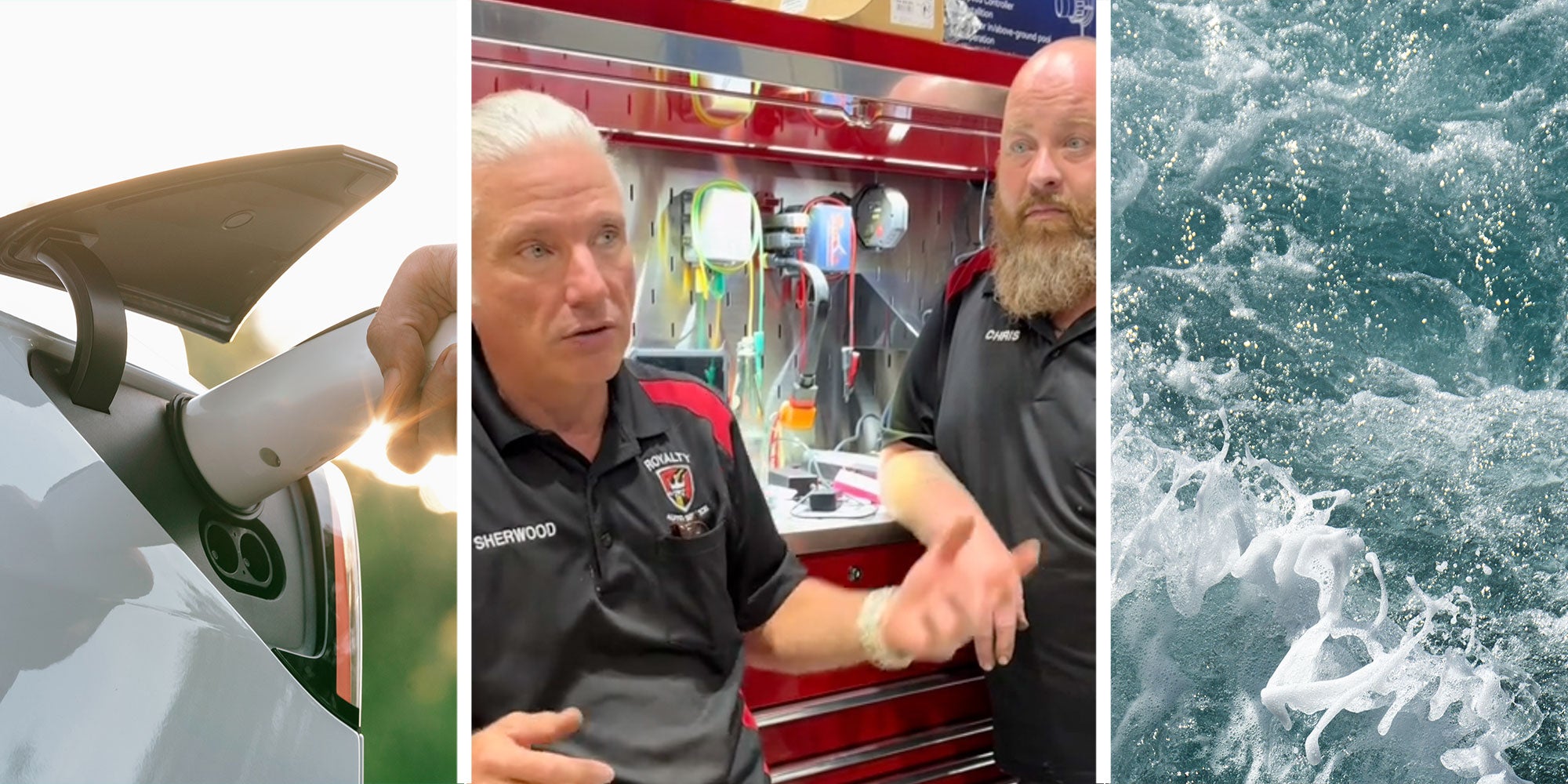Three panel image depicting an electric car behind charged with a close up on a hand plugging in the charge, the middle panel shows two mechanics featured in the TikTok video, the final panel is a simple shot of ocean salt water
