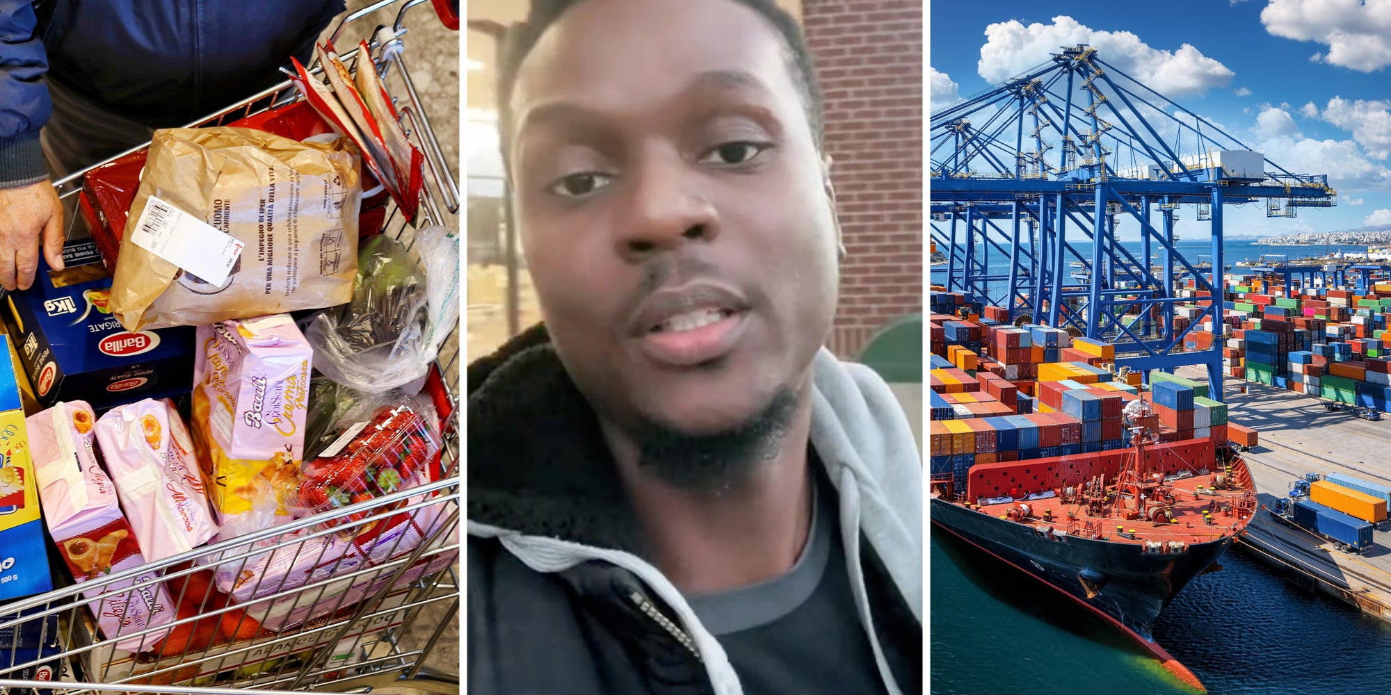 Grocery cart filled with food(l), Man talking(c), Port ship and containers(r)