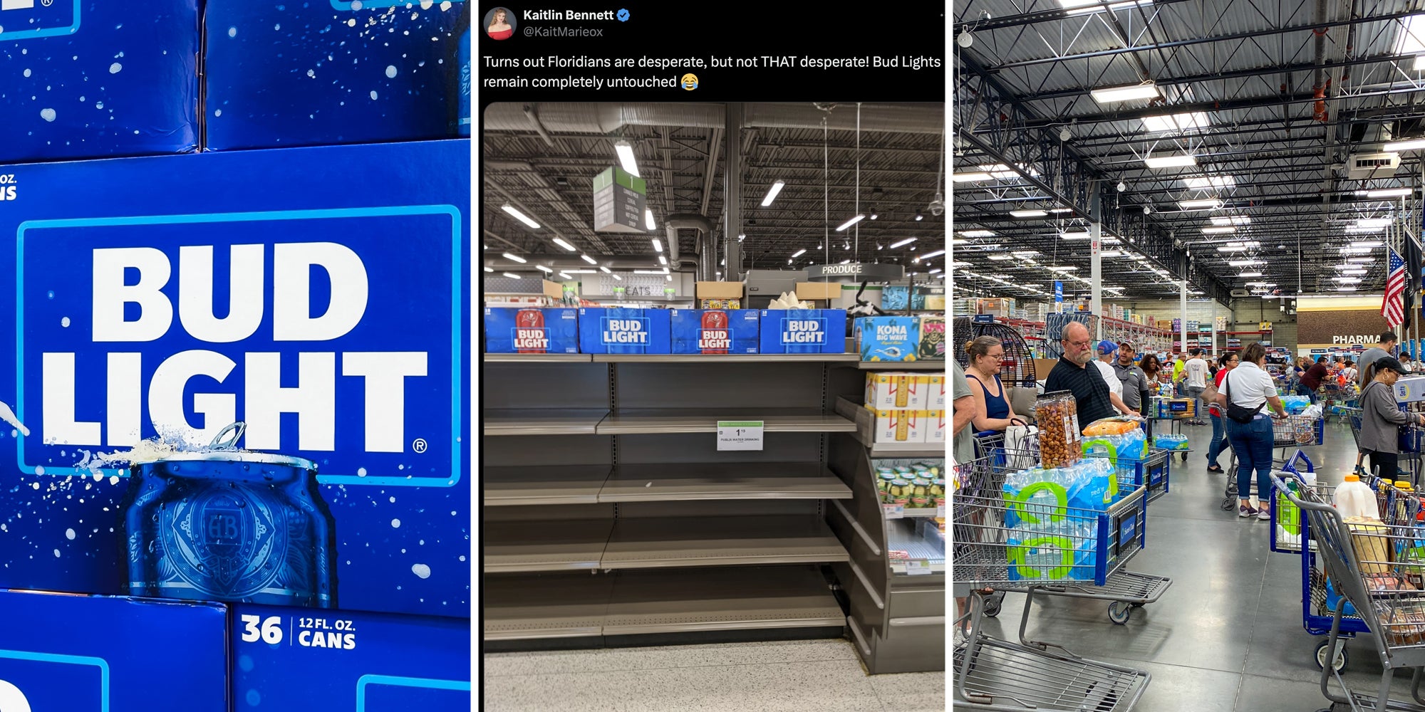 Bud Light case(l), Shelves empty except for Budlight(c), People with full grocery carts(R)