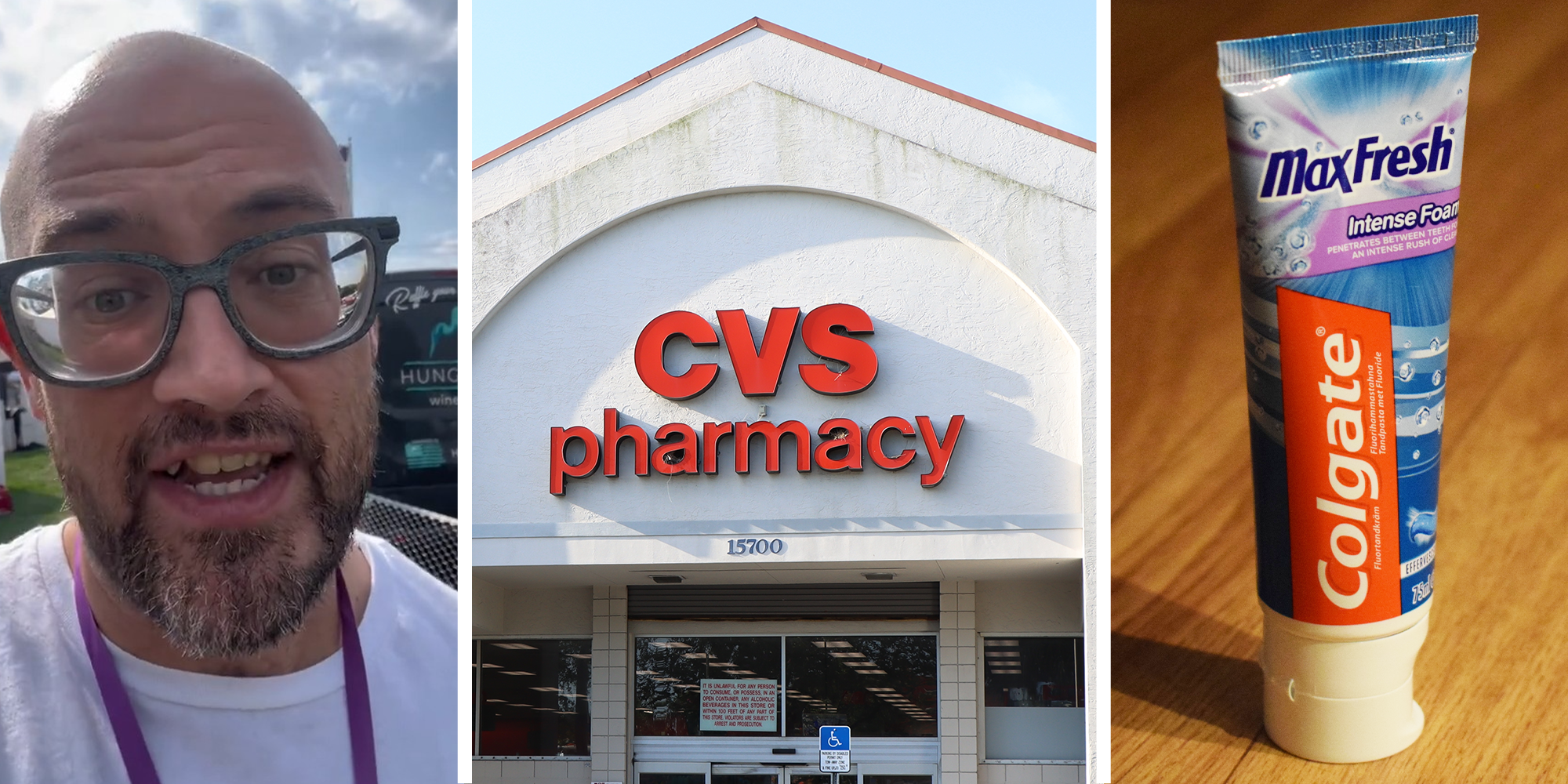 CVS shopper(l) CVS Store Front(c) Max Fresh Colgate(r)