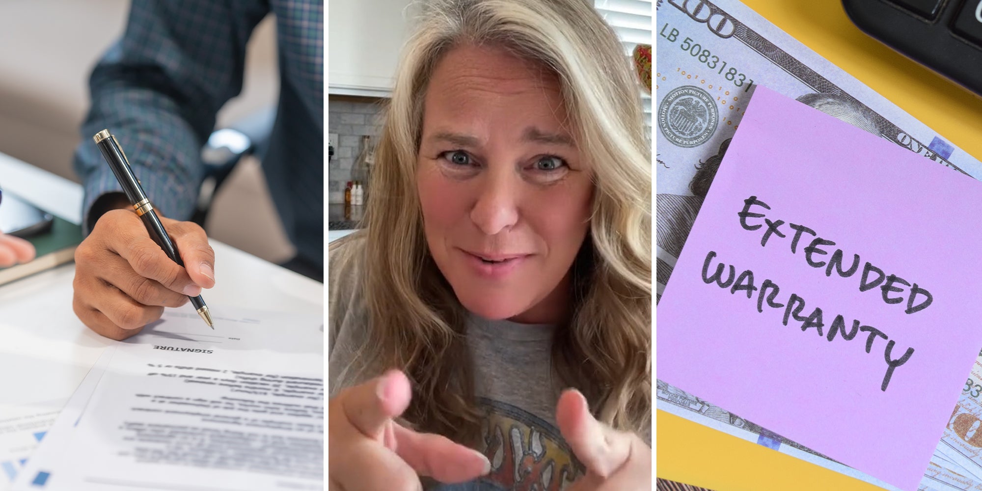 Signing Contract with a Pen(l) Woman pointing(c) Extended Warranty spelt on post it note that was placed on money(r)