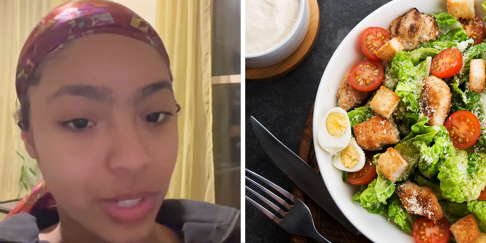 Two panel design with panel one showing a close up of a woman talking, she has a scarf on her head and seems to be in her apartment. The 2nd panel shows a close up of a salad at a restaurant.