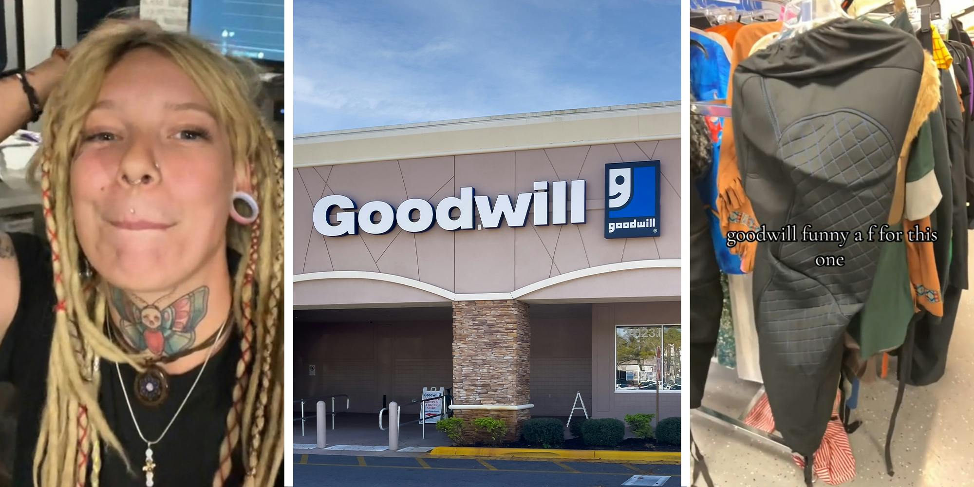 Woman with braided blonde hair(l) Goodwill Store Front(c) Car Seat cover hanged on clothing rack(r)