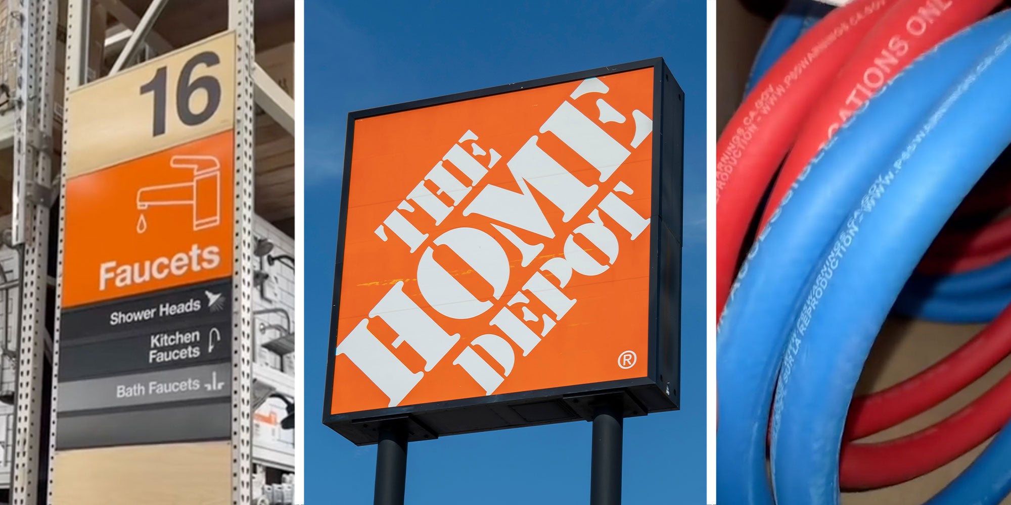 Three panel design showing aisle 16 'Faucsets' from Home Depot store. The middle frame shows the Home Depot sign from outside, and the final frame is a close up of tubing of the home