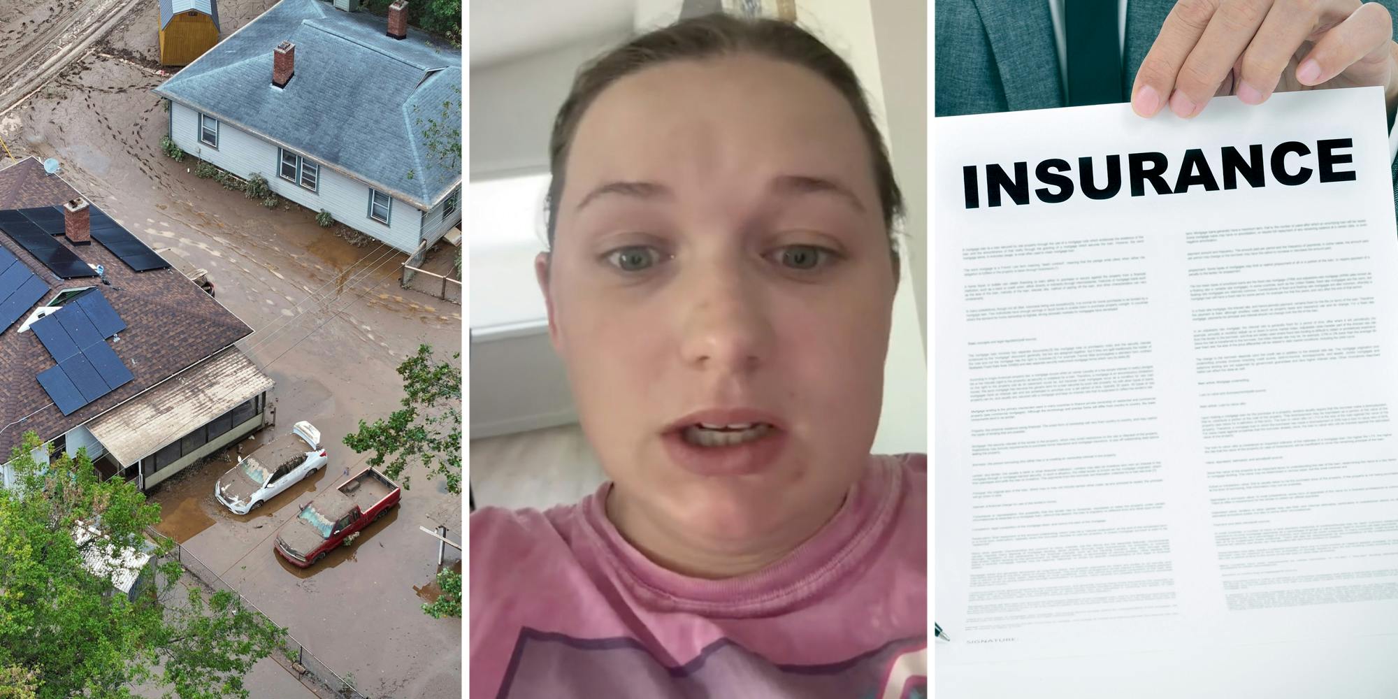 House and cars post Hurricane Helen(l), Woman talking(c), Hand holding insurance document(r)