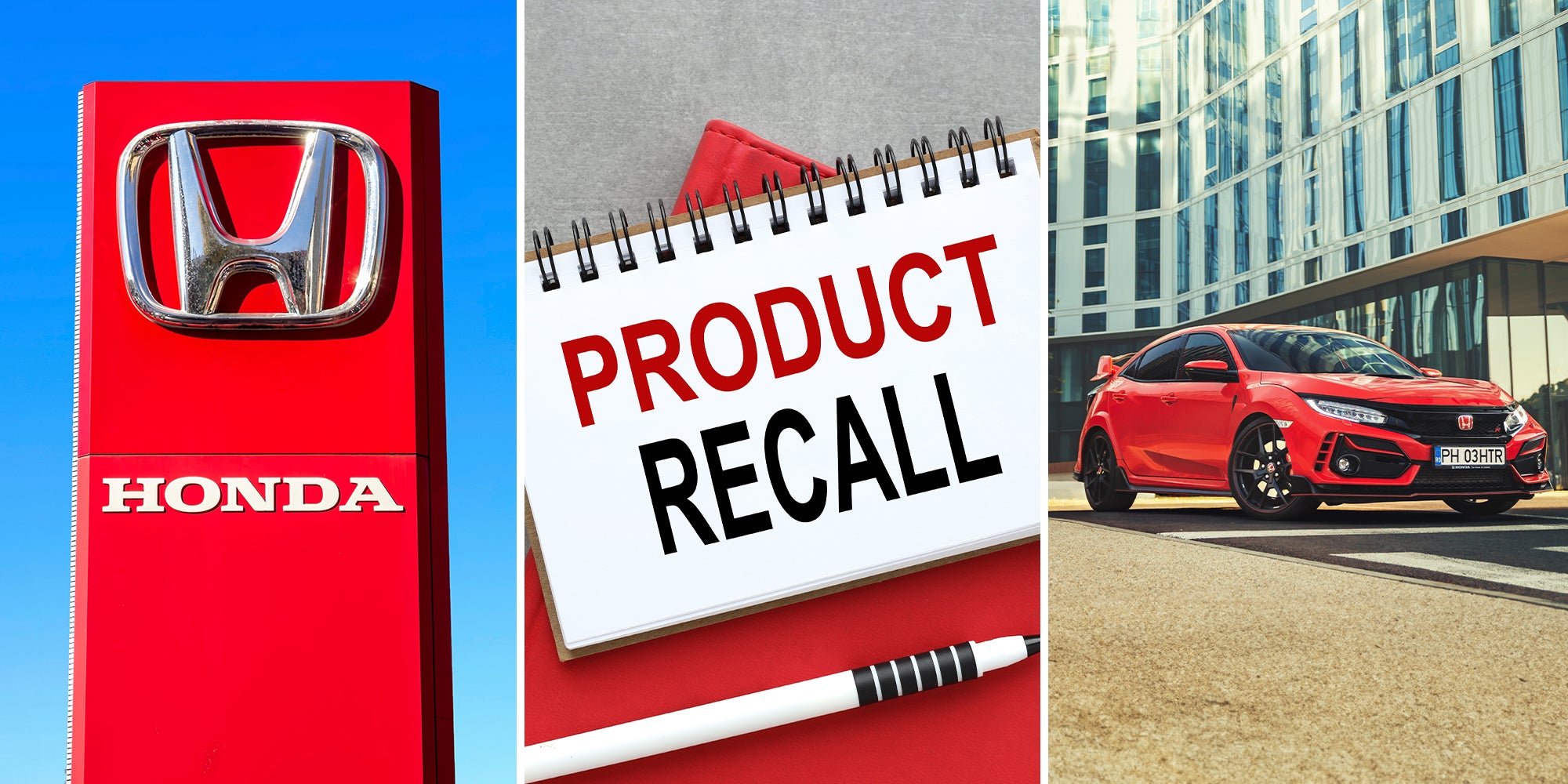 Honda Dealer Sign(l) Note Pad stating 'Product Recall'(c) Honda Civic Type R Ultimate edition front view(r)