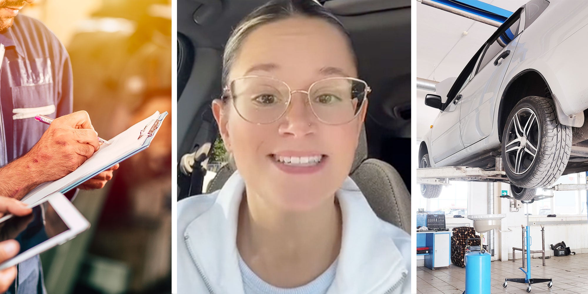 Three panel design with panel one featuring two people reviewing paper work for some kind of maintenance, panel two features the woman from the viral TikTok, she is wearing glasses, a white sweatshirt with a big smile, last panel shows a vehicle on a lift in a shop.