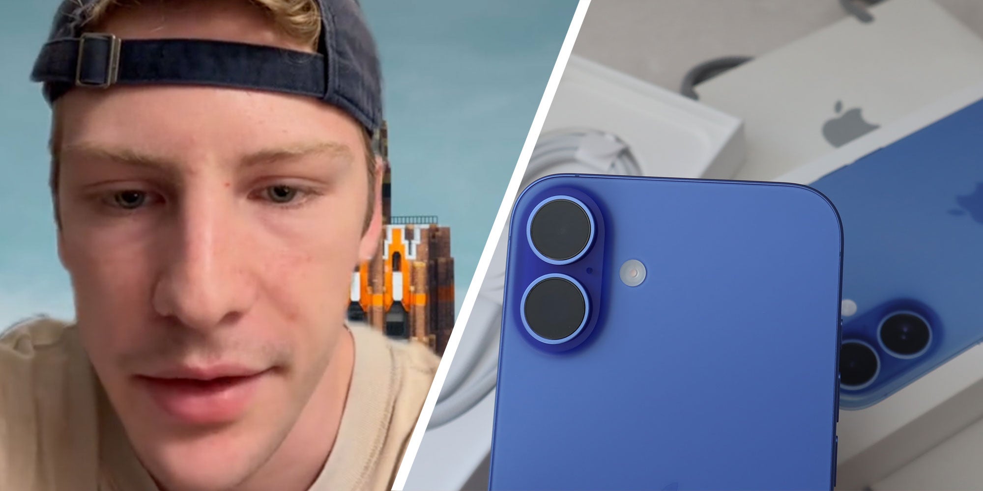Two panel design with a man looking at the camera in one, and the 2nd a close up of the new Iphone 16