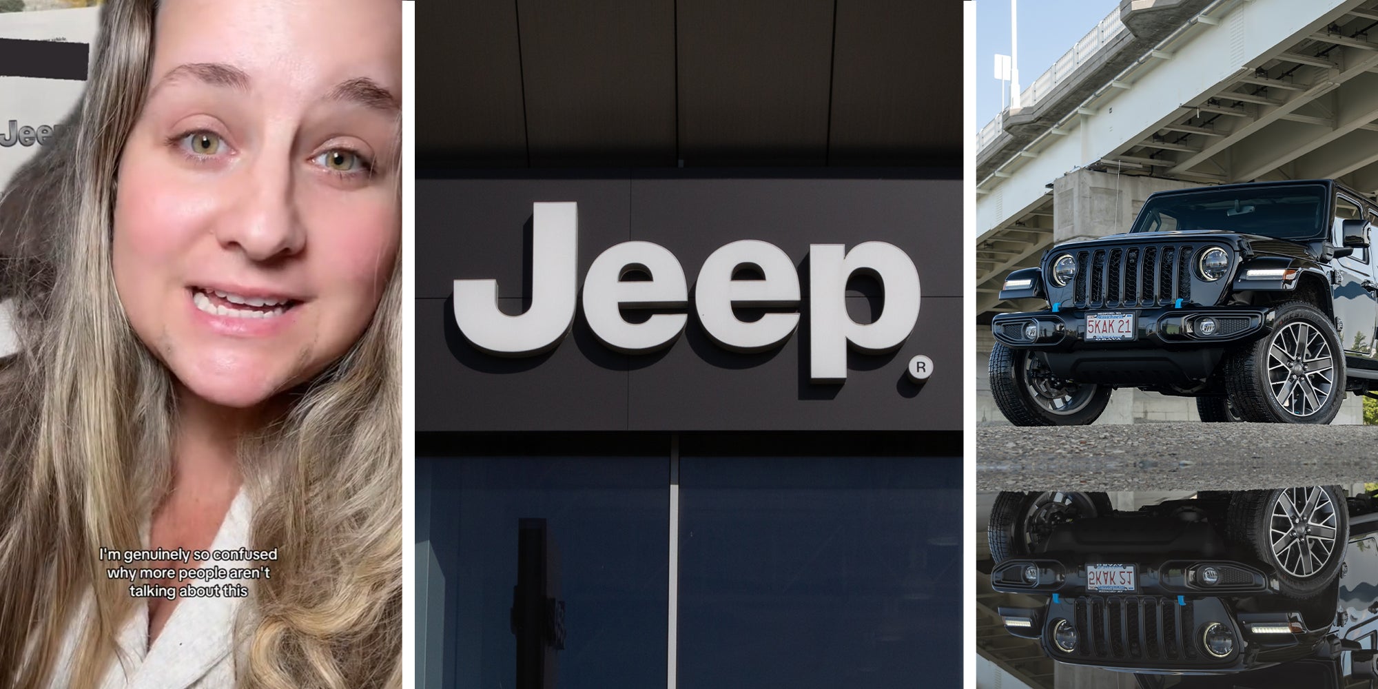 Female Jeep Owner sharing information on her vehicle(l) Jeep Sign(r) Black Jeep 4xe(R)