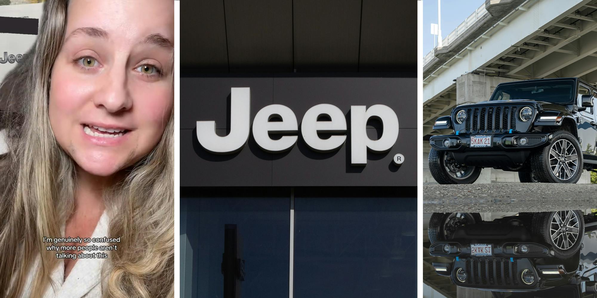 Female Jeep Owner sharing information on her vehicle(l) Jeep Sign(r) Black Jeep 4xe(R)