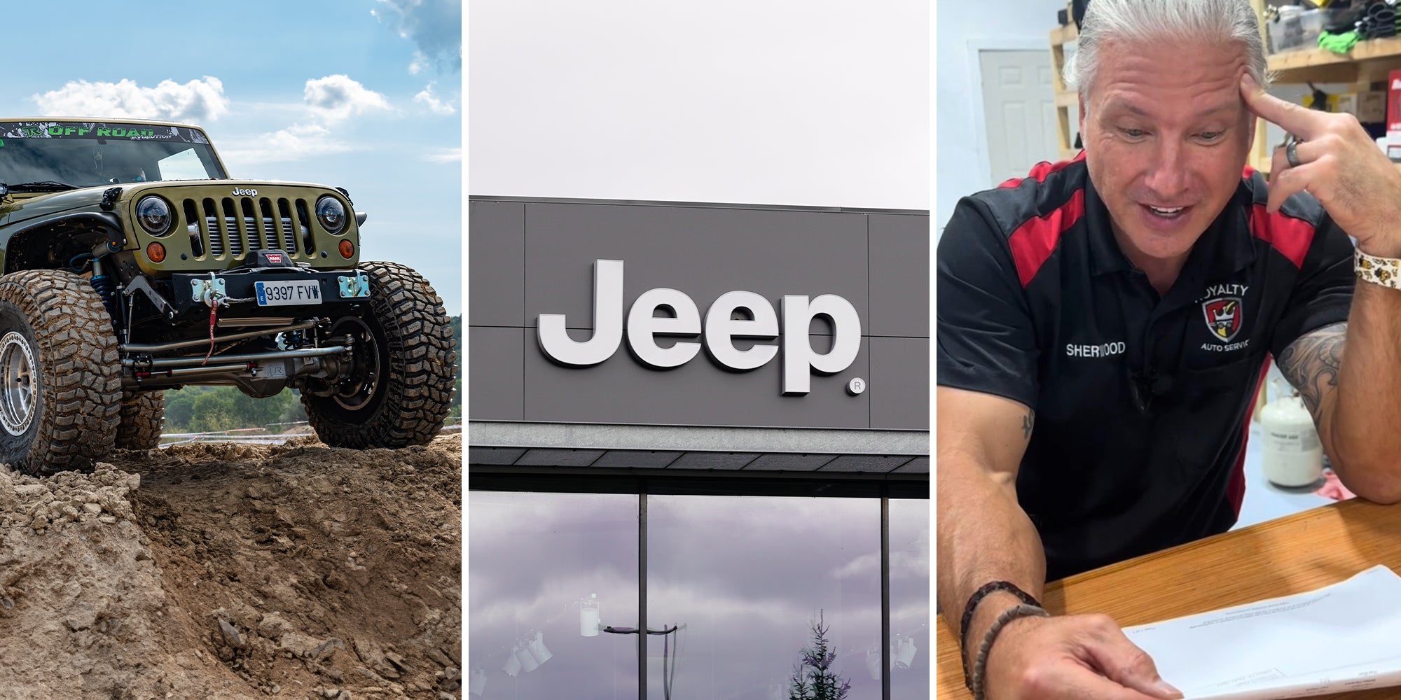 Jeep Wrangler on Dirt Pile(l) Jeep Dealer Sign(c) Mechanic TikToker looking at invoice