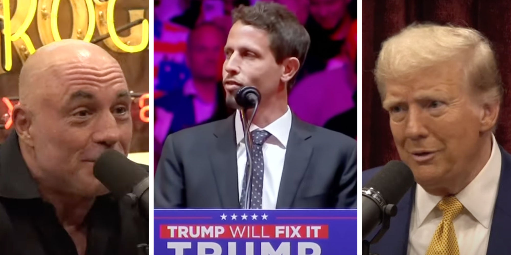 Three panel design With panel one showing a man with no hair talking into a mic. And panel two showing a man talking at a mic at a trump rally, and panel three is of a man who is the former president.