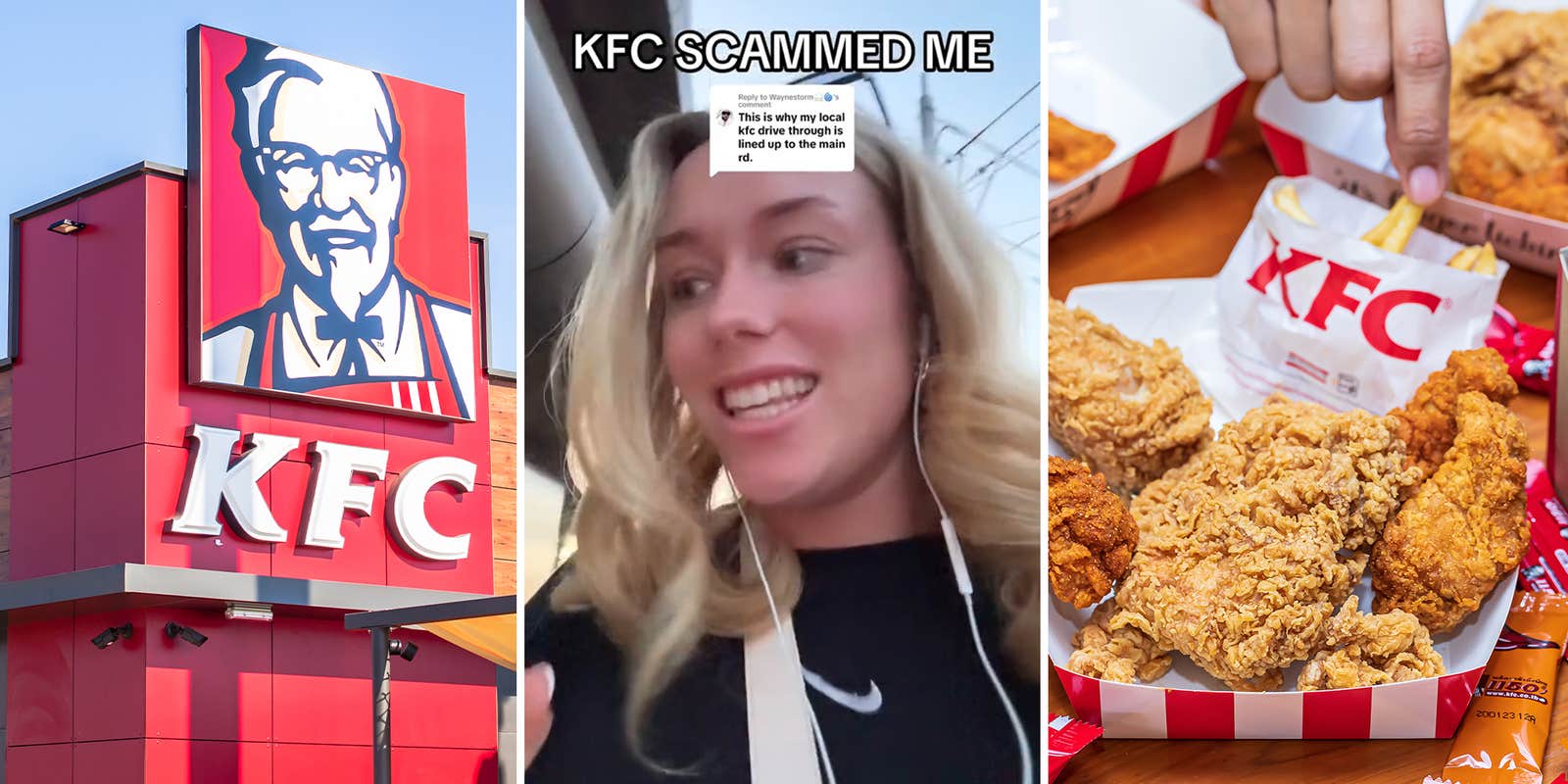 KFC Restaurant Front(l) woman smiling with overlay text 'KFC SCAMMED ME'(c) KFC Fried Chicken(r)