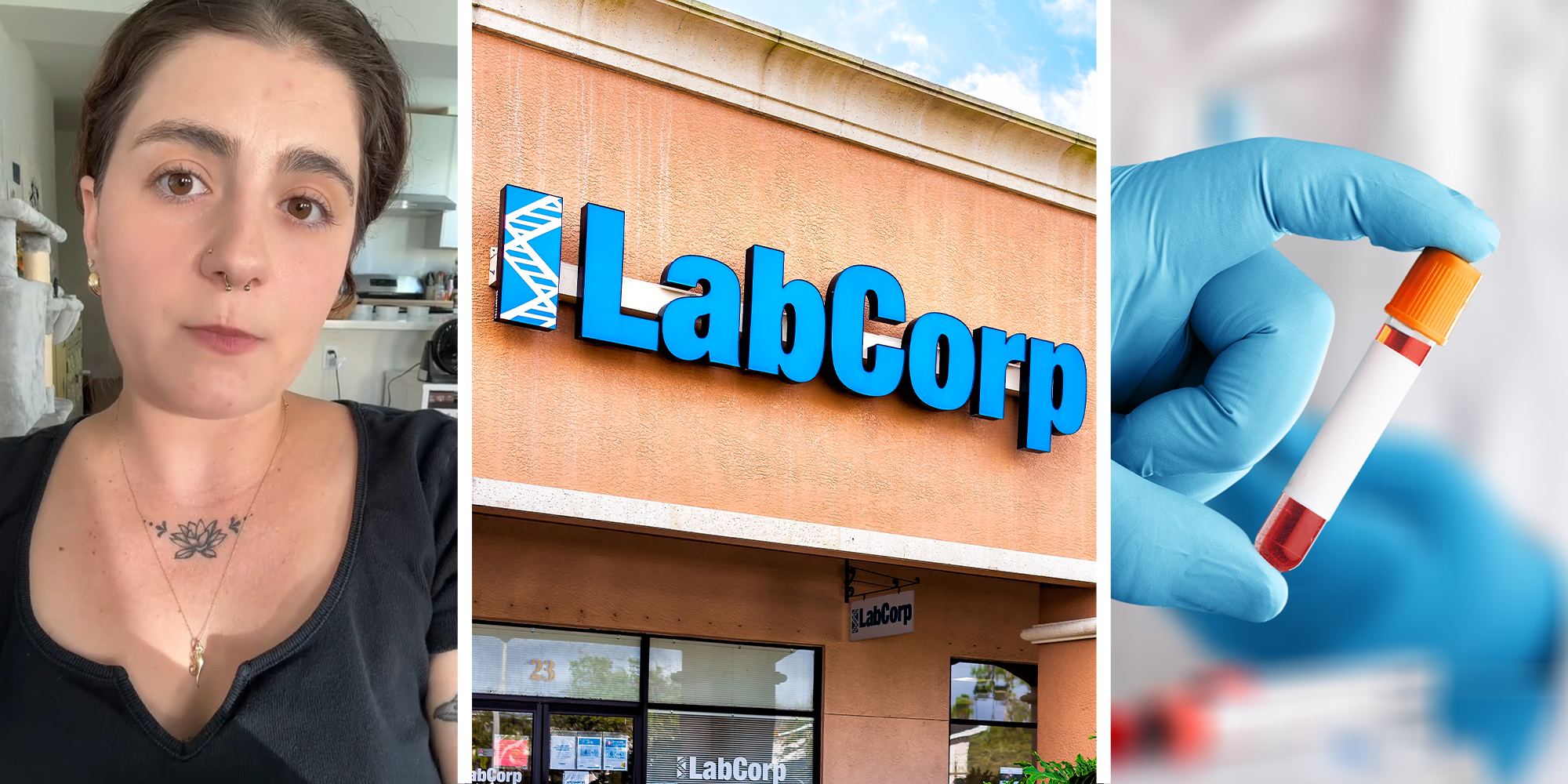 woman sharing story on tiktok(l) Labcorp building sign(c) Blood vile(r)