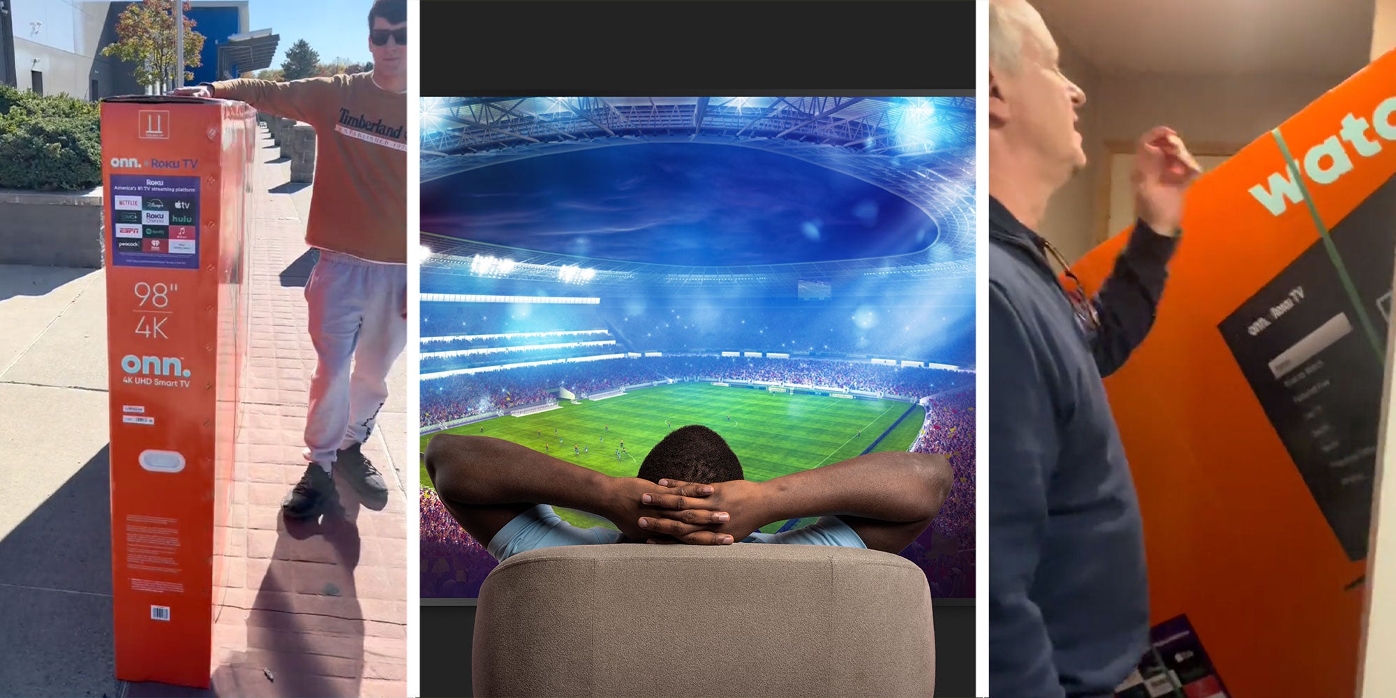 three panel design with one showing a large TV inside of it's box and a person is needed to hold it up. The middle panel shows a man enjoying the game on a very large TV. The final panel show a man looking up the stairs with the large TV box appearing to be stuck as it goes up stairs.