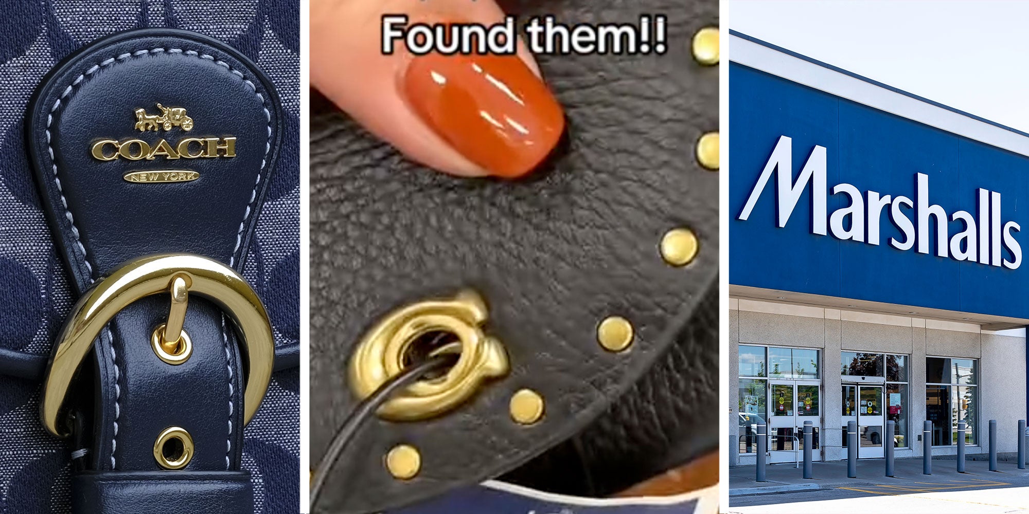 three panel design with one showing a close up of a Coach branded bag, the middle is a close up of a woman holding a wallet with the text "Found them!!!" over the top, and the 3rd panel is the outside of a Marshalls store.