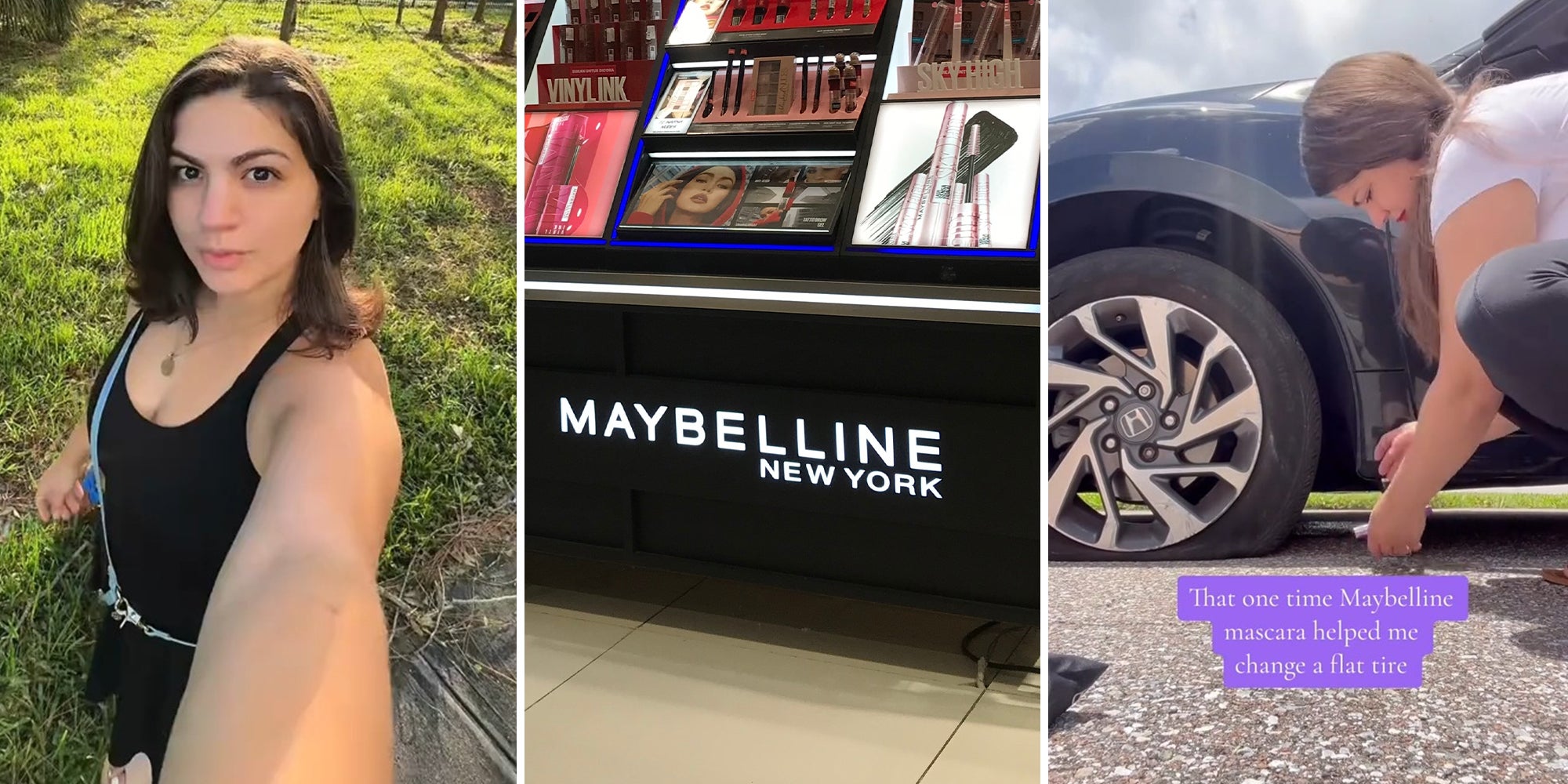 Woman taking a selfie(l) Maybelline New York Makeup stand(c) Woman lifting up a vehicle with a jack(r)