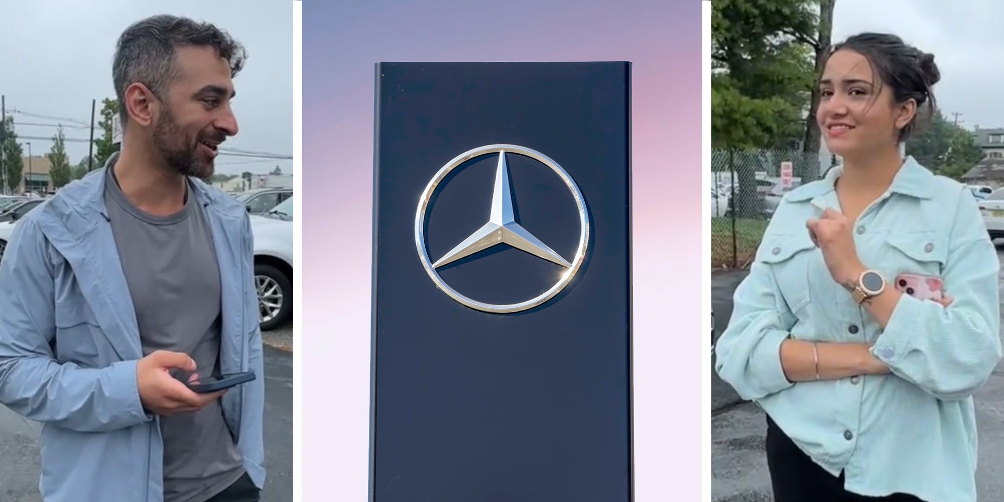 Man holding Phone(l) Mercedes dealer sign(c) Woman wearing light blue shirt(r)
