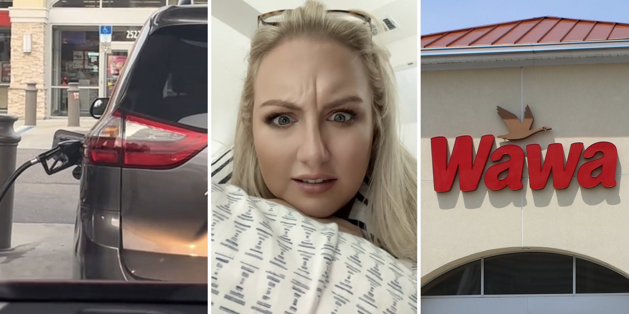 Gas pump in minivan(l), Woman talking(c), Wawa sign(r)