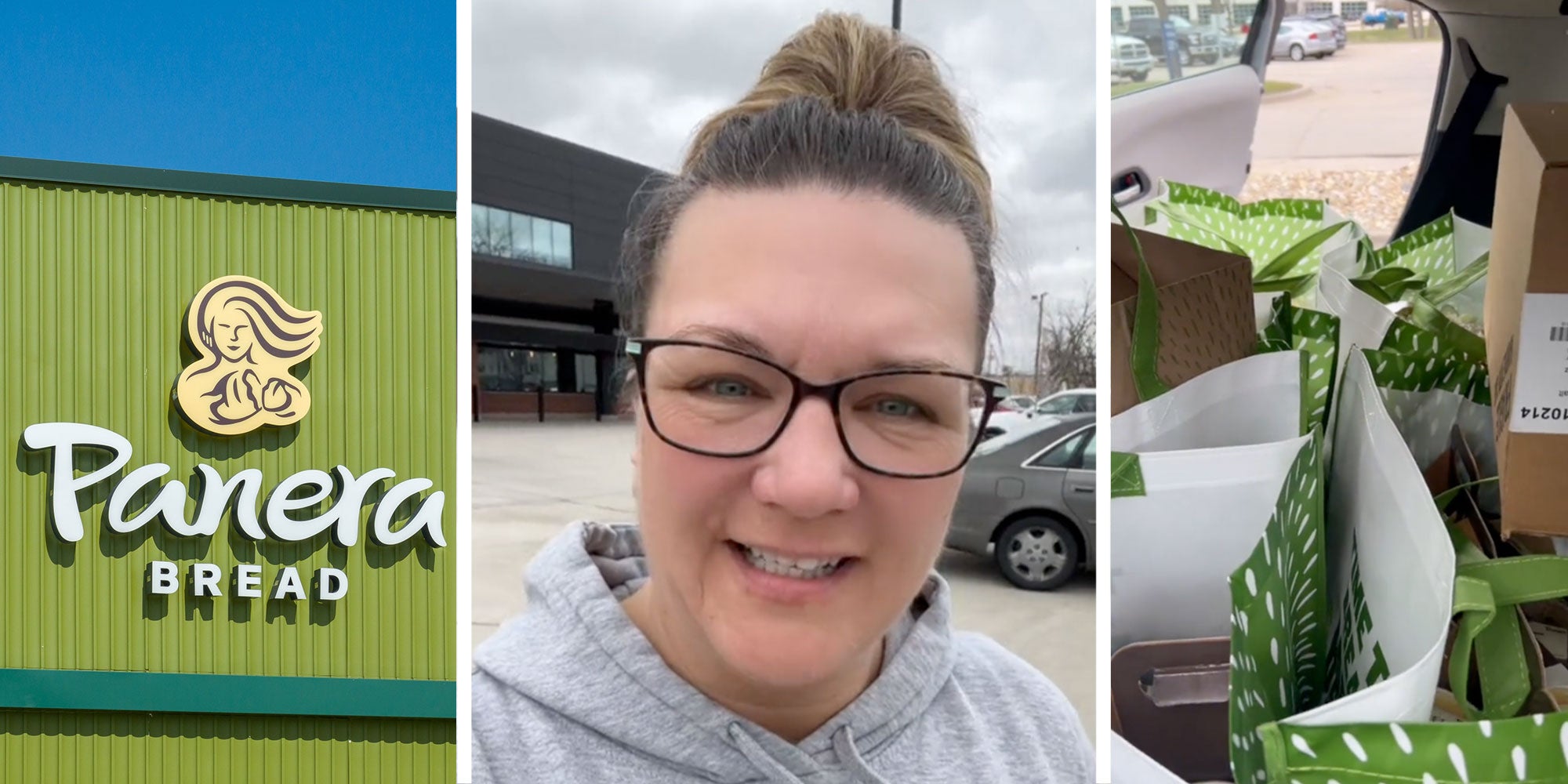 3 panel image with panel one showing sign of Panera bread from outside, panel two shows woman from TikTok VIdeo and panel 3 shows car stuffed full with a delivery
