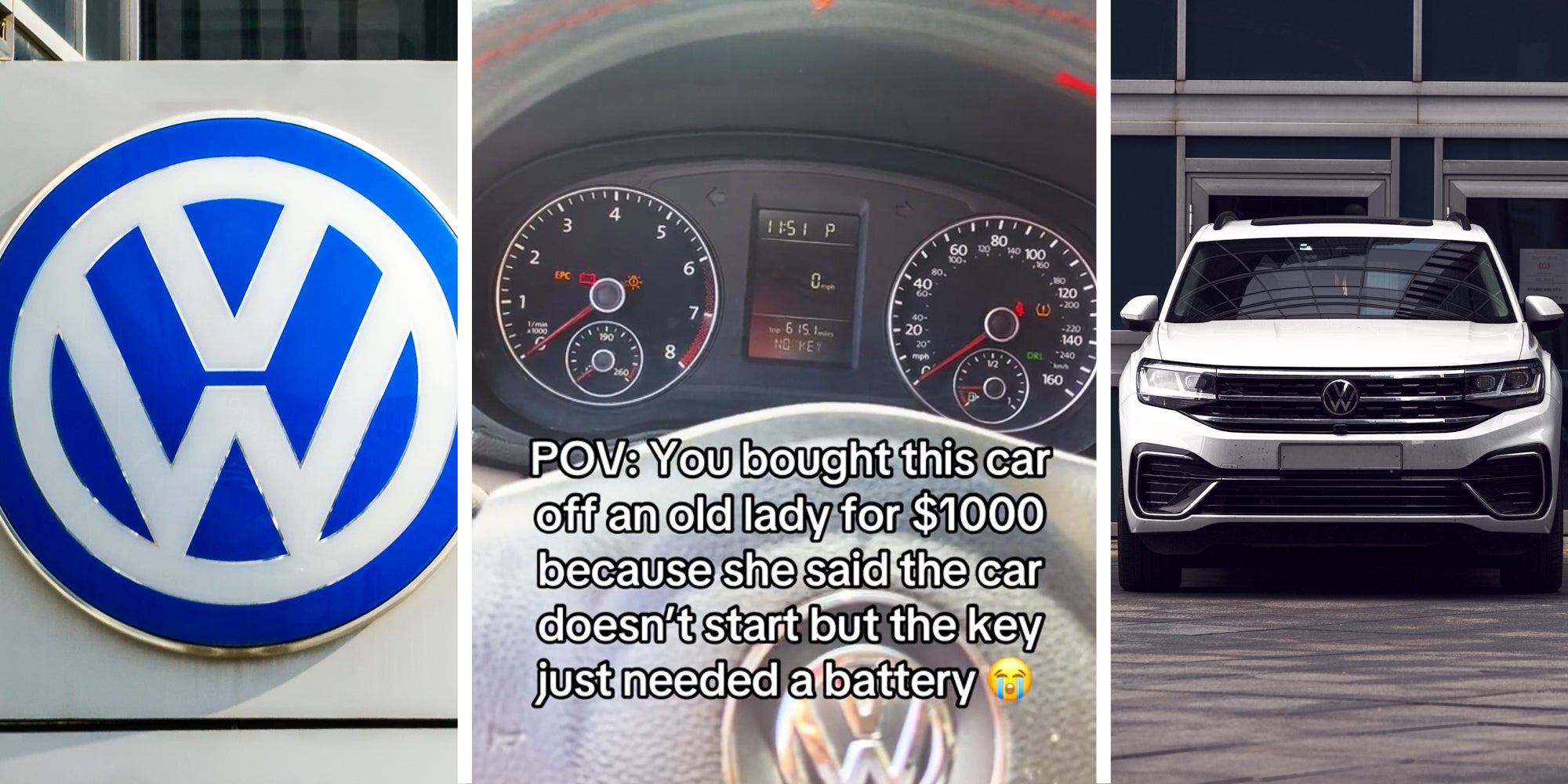 Volkswagen sign(l), Steering wheel console with text that says 'POV: you bought this car off an old lady for $1000 because she said the car doesnt't start but hte key just needed a battery'(C), Volkswagen car(r)