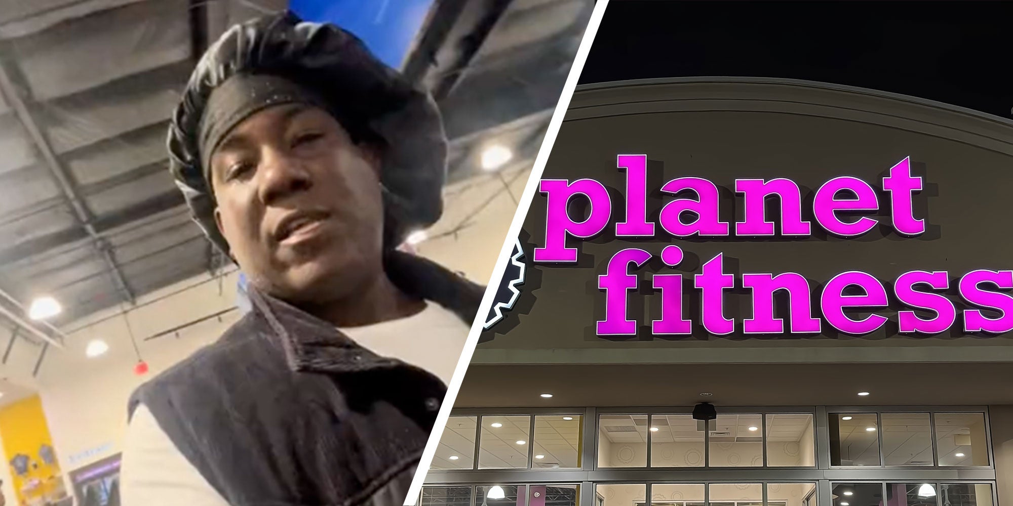 Two panel Design with panel one of a man walking through his gym with a bonet on, and panel two is the outside of a Planet Fitness.