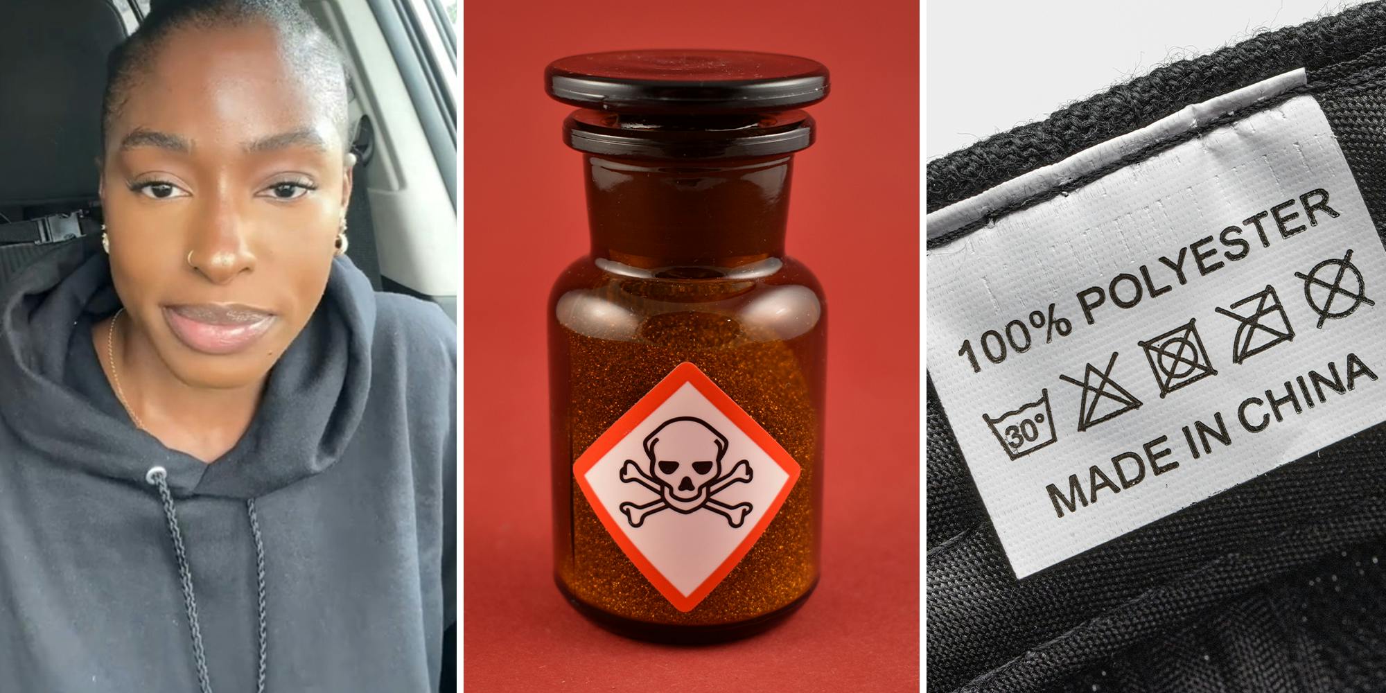 Woman wearing dark Hoodie(l) Small brown bottle Filled with poison(c) Shirt Tag (r)