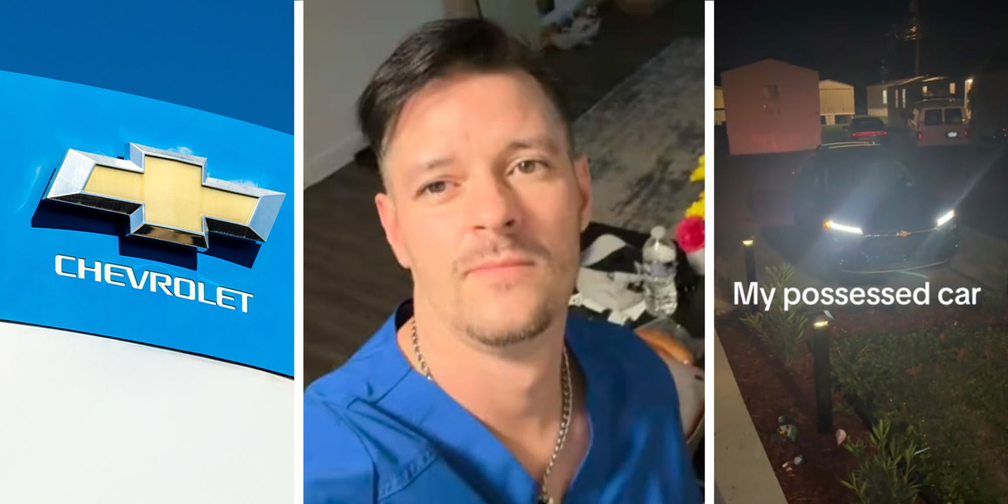 Chevrolet Dealer Sign(l) Man wearing blue shirt(c) Chevy car starting on its own at night(r)