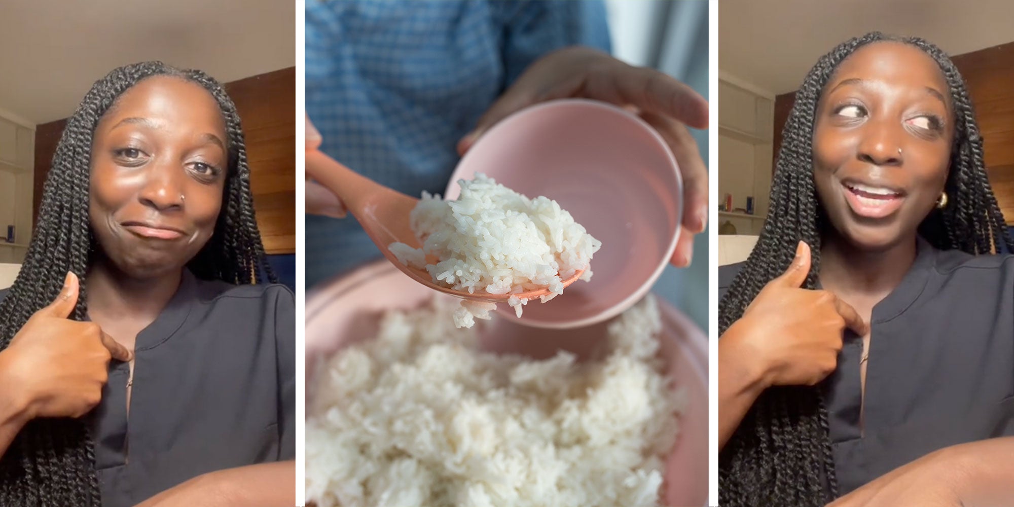 Three panel design with one shows a woman pointing to herself, middle panel is someone scooping up cooked rice, the 3rd panel is the same woman looking off to the side, she is still pointing at herself.