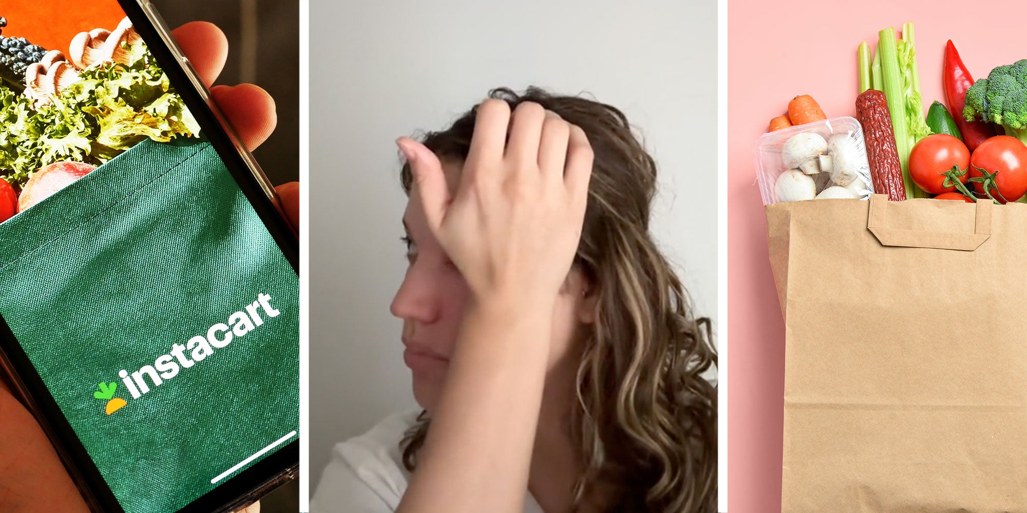 Three panel image with panel one showing a close up a phone with the logo 'instacart' on it, the 2nd panel features the woman from the tiktok video, she looks sad and frustrated with her hand on her forhead, the 3rd image shows a full bag of groceries.