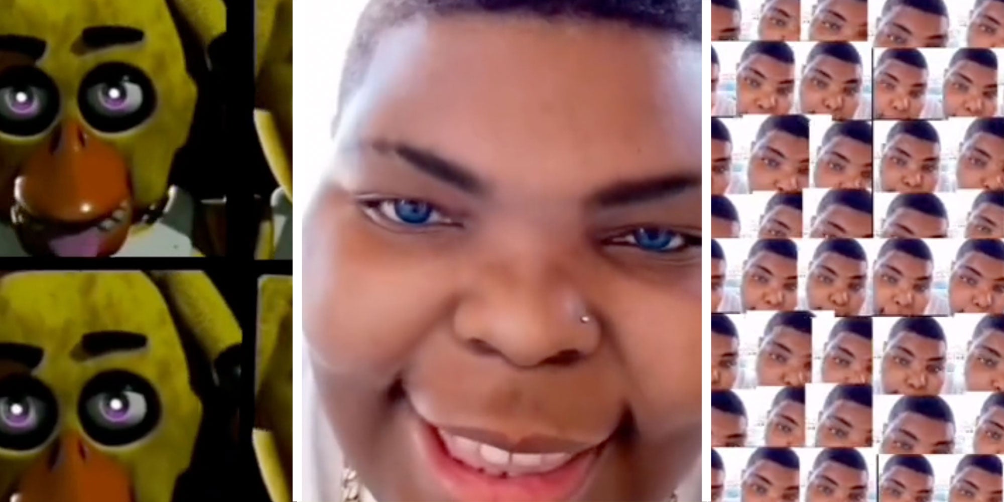 Three panel image showing a close up of a cartoon like character, the middle panel is a close up of a young black man with beautiful blue eyes, the final panel is a grid of the man with beautiful eyes.