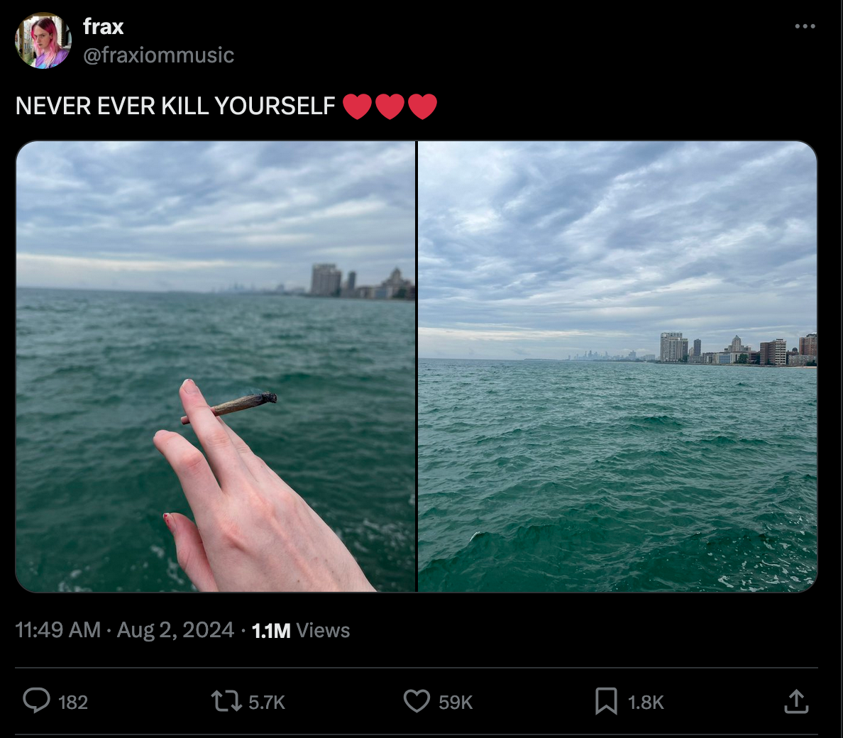 An X post with the caption 'never kill yourself' and three emoji hearts, over a picture of someone smoking a joint on the water.