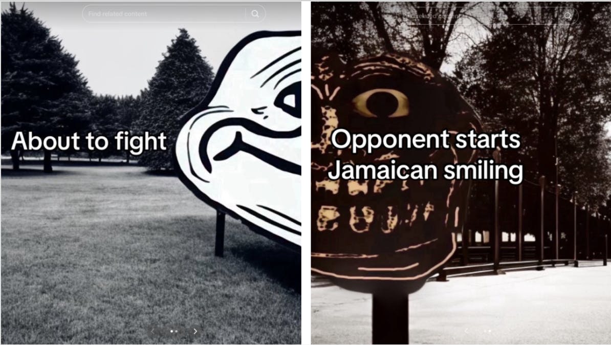 A split screen of two scenes: one with nature and a 'about to fight' caption next to half a trollface, and the other, a filtered half trollface, darker than the lost with 'opponent starts jamaican smiling' captioned on top of it.