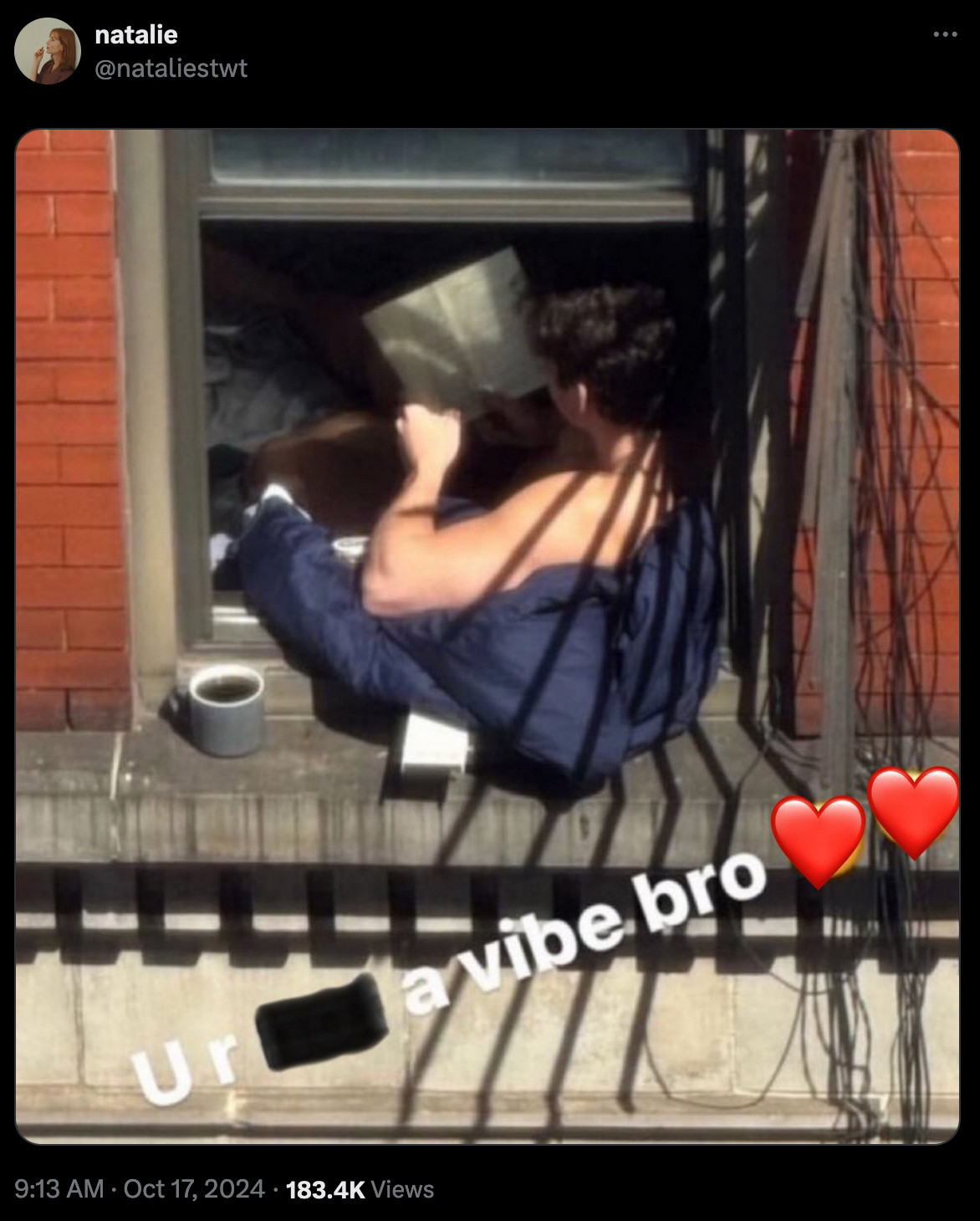 an X repost of the original catchphrase instagram post depicting a man sitting out of his window reading a book with a revised caption 'U R A Vibe Bro' and two hearts.