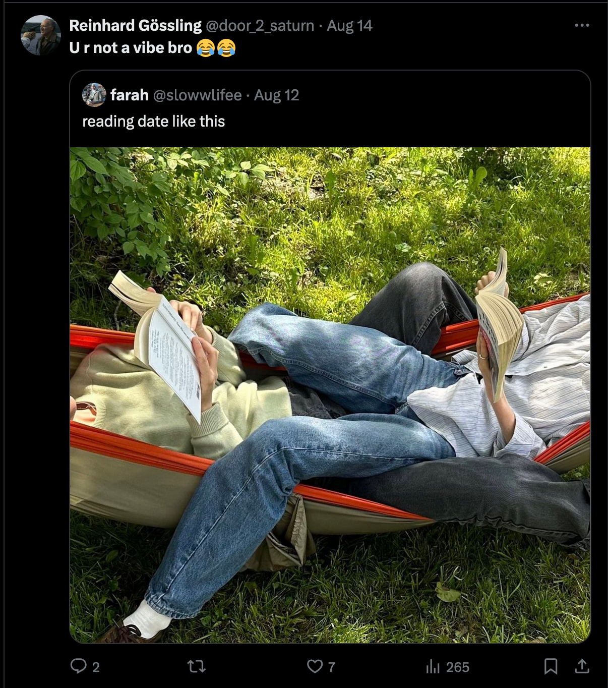 A X post of two people in hammocks reading books together. That caption is 'reading date like this,' with the repost stating 'U R Not A Vibe Bro'