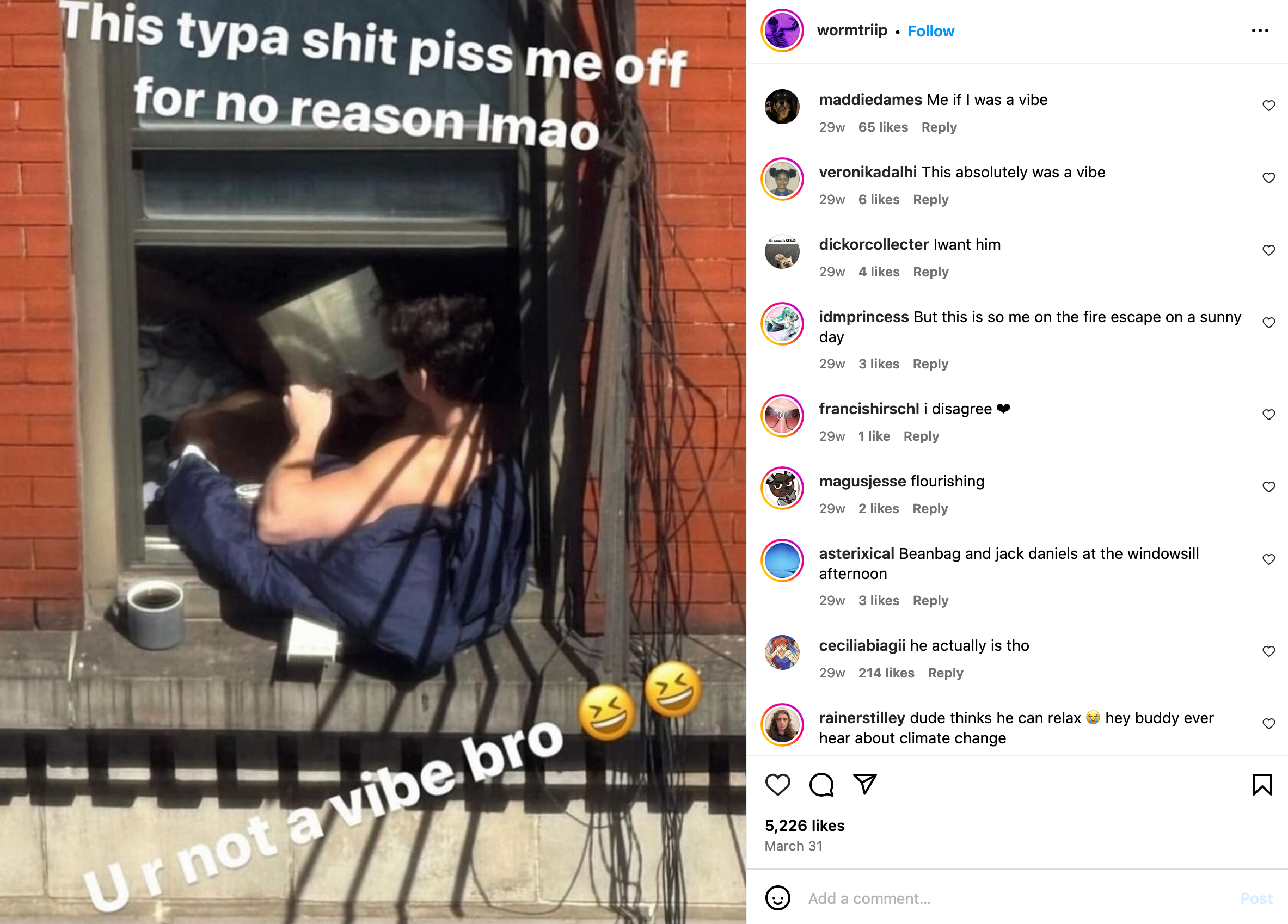 an instagram post depicting a man sitting out of his window reading a book with the caption 'this typa shit piss me off for no reason lmfao, u r not a vibe bro' and supportive comments to the right of the post.