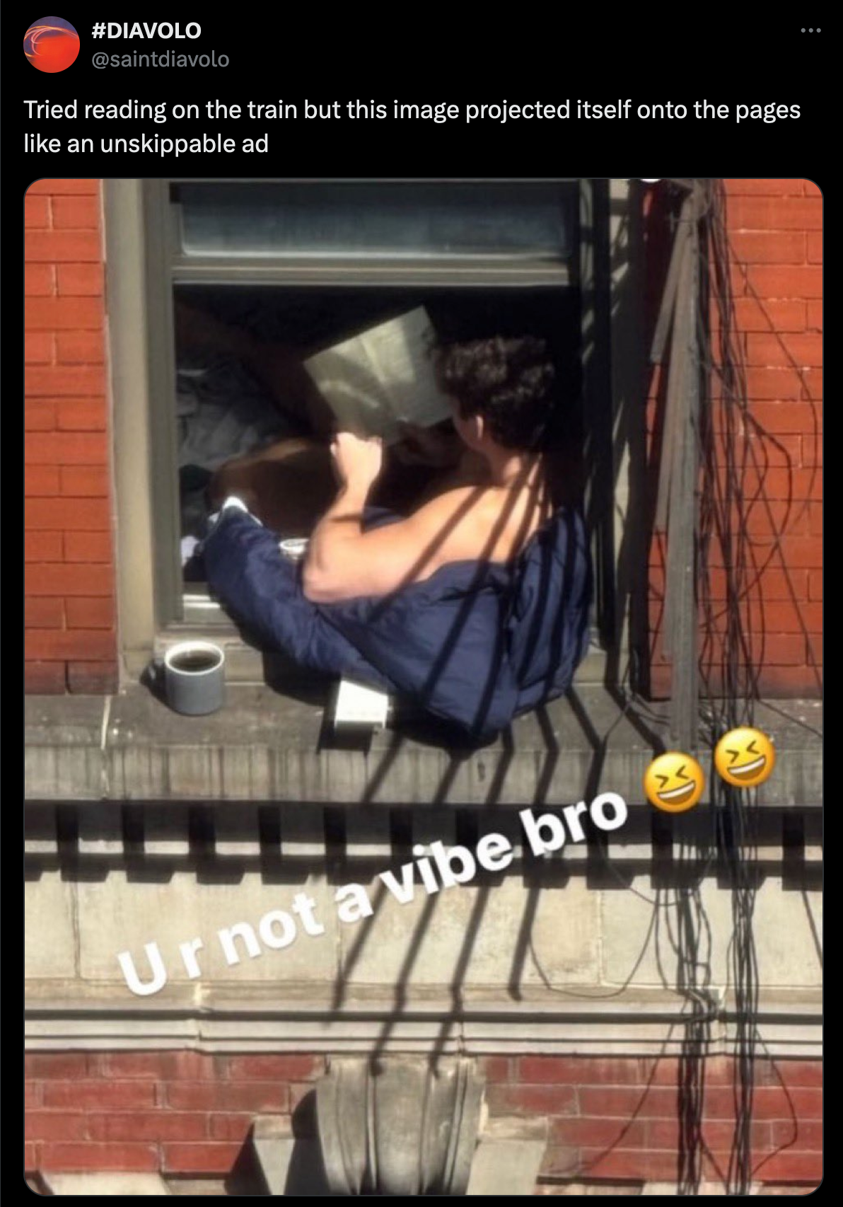 an X repost of the original catchphrase instagram post depicting a man sitting out of his window reading a book with the caption 'this typa shit piss me off for no reason lmfao, u r not a vibe bro'