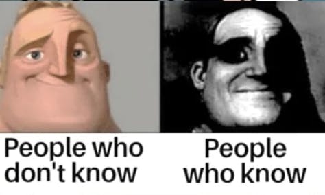 Two photos: one of Mr. Incredible from the movie, next to a heavily filtered, black and white version. Under these photos are the captions 'people who know' and 'people who don't know'