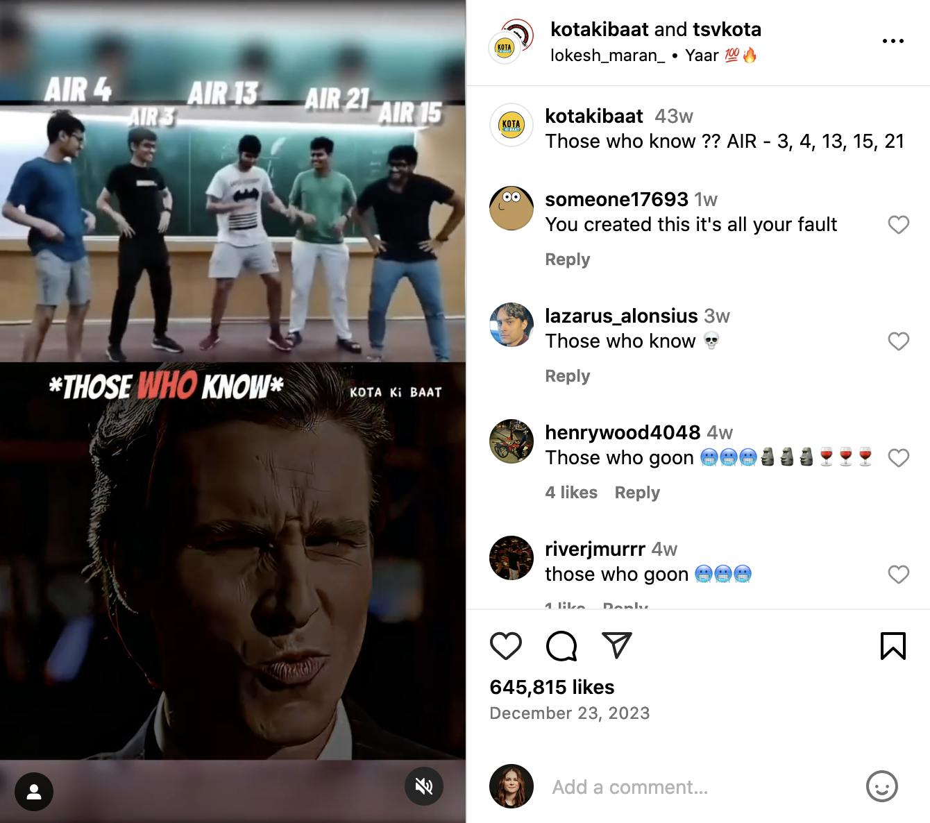 An Instagram post of Patrick Bateman on the bottom and dancers on the top, with caption 'Those Who know'