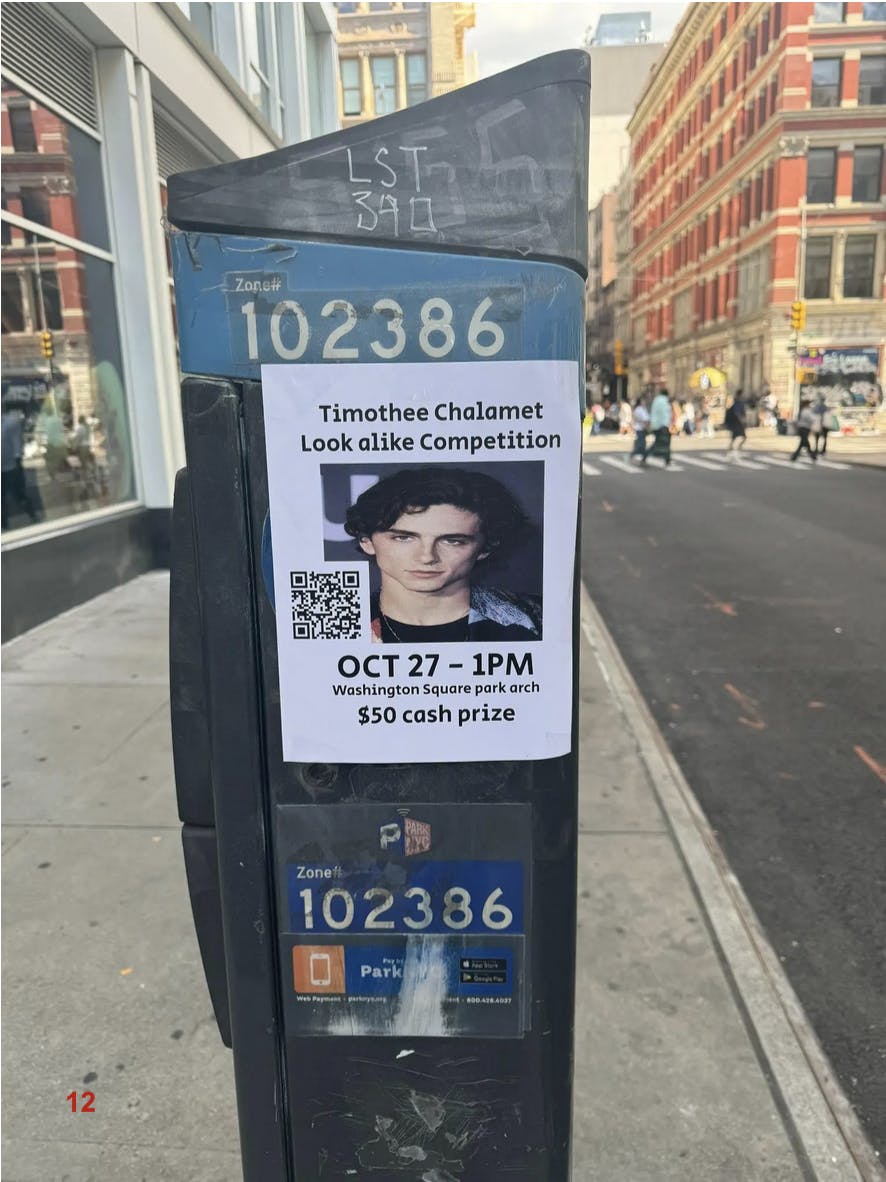 A flier of a 'Timothee Chalamet look-alike contest' on the side of a city parking payment machine.