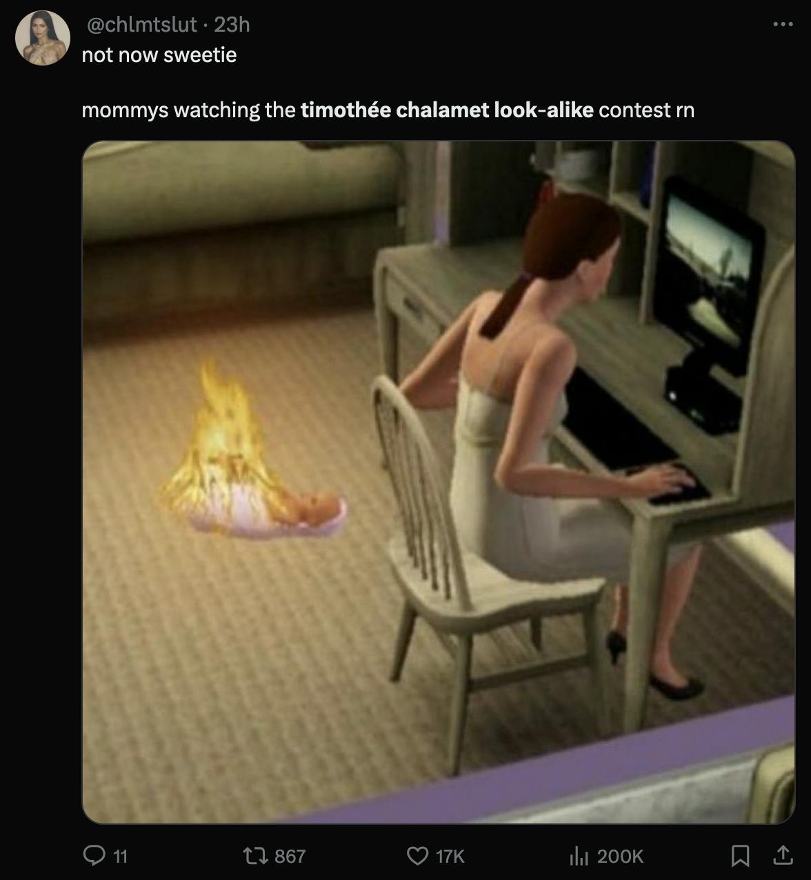 An X post that says 'mommies watching the Chalamet contest right now' and a photo from second life of a mom at a laptop and her baby is on fire.