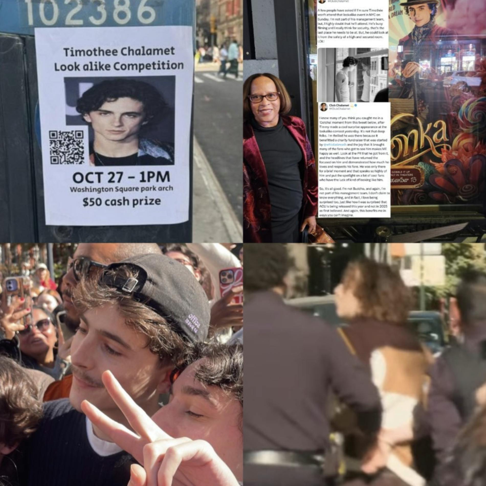 A photo collage of things that occurred at the Timothee Chalamet look-alike competition with four quadrants: one with the original flier, another with a long @ClubChalamet post, one with Timothee showing up, and another with NYPD arresting someone.