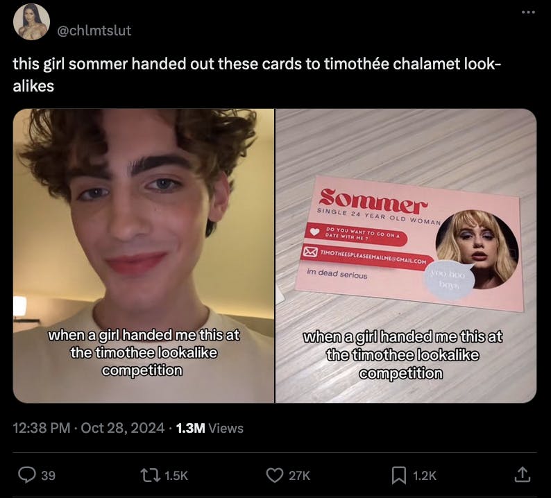 An X comparison photo of a man who entered the contest on the left side, and on the right, a businesscard from a woman named Sommer.